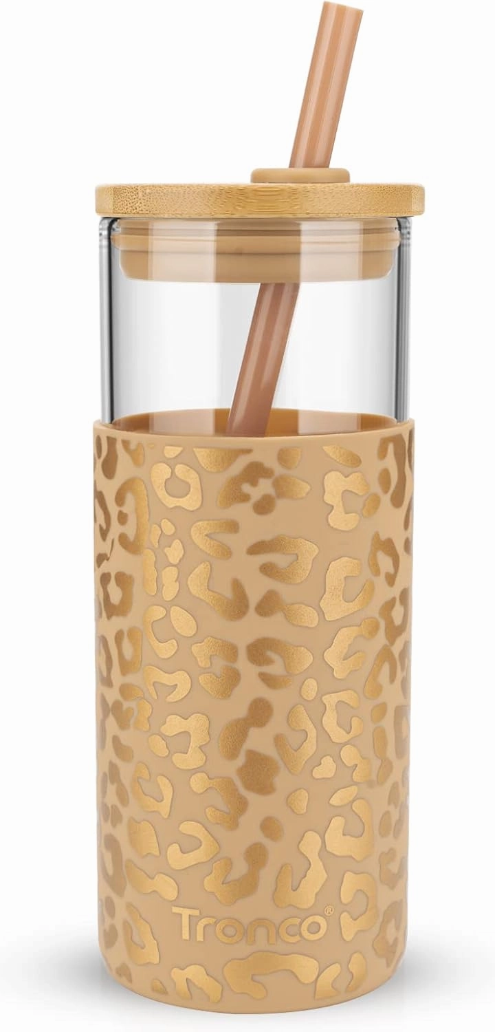 Tronco 20 oz Glass Tumbler with Straw and Lid- Glass Cup with Lid and Straw, Iced Coffee Cup Reusable, Smoothie Cups, Bamboo Lid and Protective Silicone Sleeve - BPA-Free