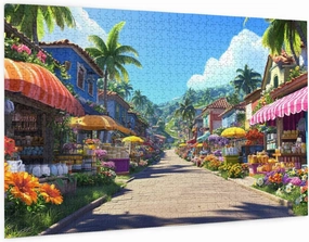 Tropical Village Market Puzzle 1000 Pieces – Colorful Street Scene with Palm Trees, Flowers and Open-Air Stalls – Lively Summer Puzzle for Adults