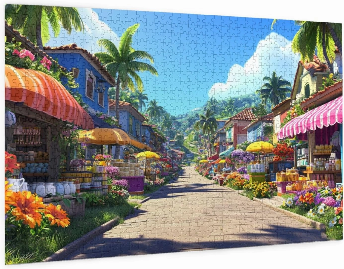 Tropical Village Market Puzzle 1000 Pieces – Colorful Street Scene with Palm Trees, Flowers and Open-Air Stalls – Lively Summer Puzzle for Adults