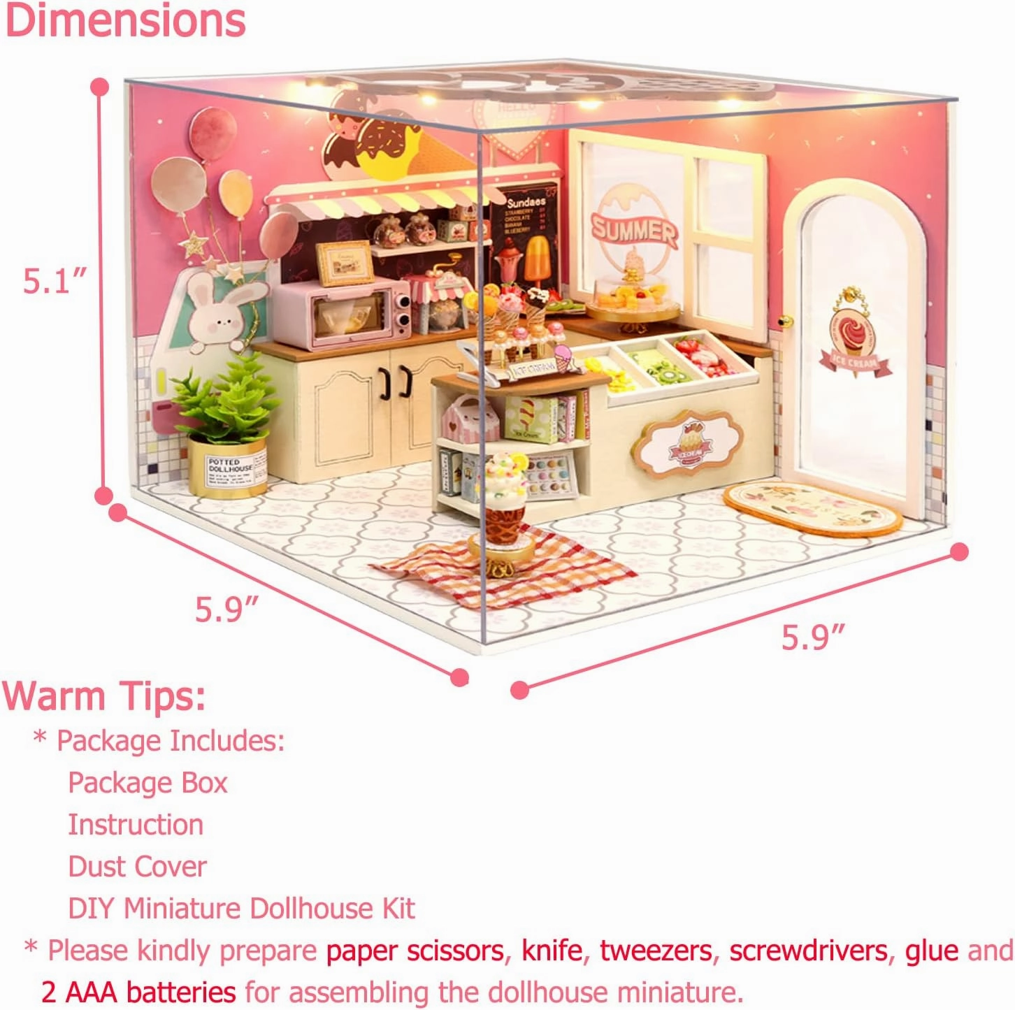 TuKIIE DIY Miniature Dollhouse Kit with Furniture, 1:24 Scale Creative Room Mini Wooden Doll House Accessories Plus Dust Proof for Kids Teens Adults(Ice Cream Shop)