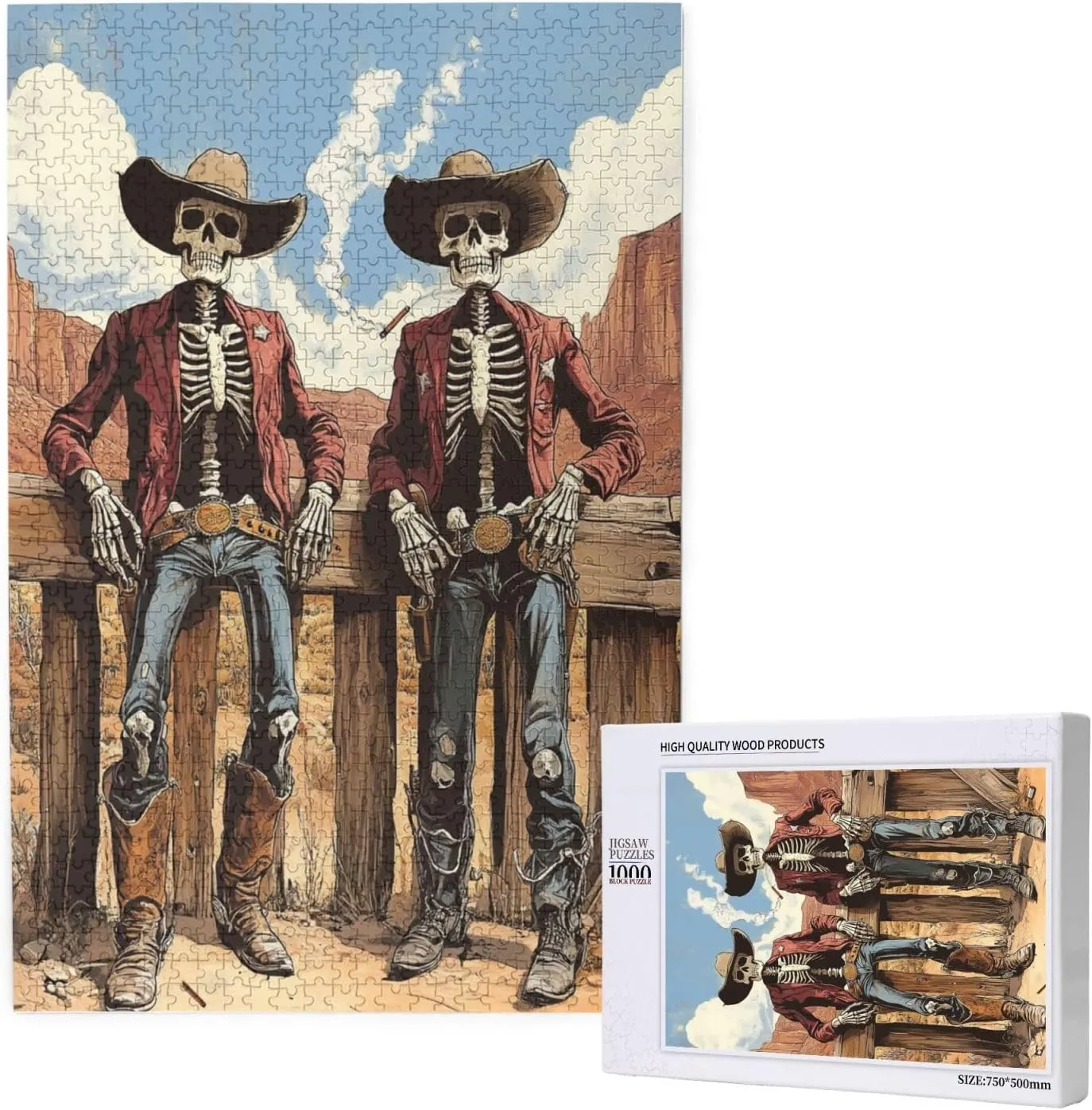 Two Skeleton Cowboys in Desert,1000 Piece Wooden Puzzle for Adults,Unique Artwork for Adult,Brain Training Challenge, Stress Relief Activity,Eco-Friendly Pieces，Gifts for Friends