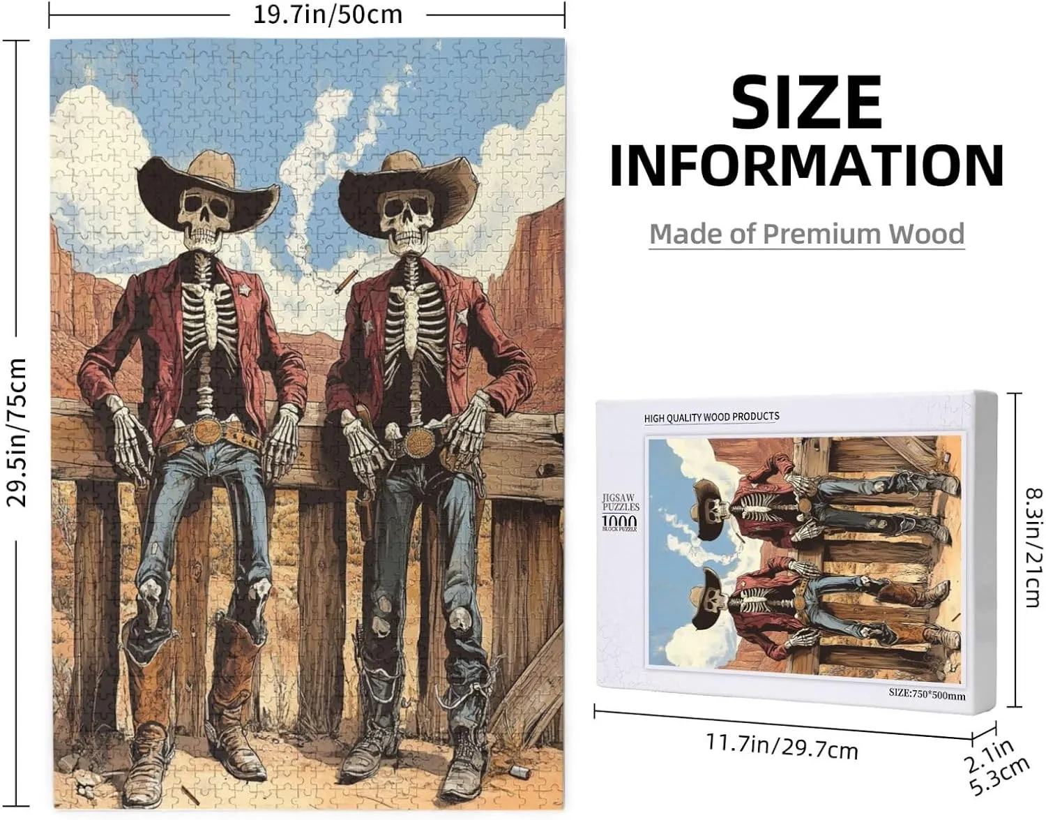 Two Skeleton Cowboys in Desert,1000 Piece Wooden Puzzle for Adults,Unique Artwork for Adult,Brain Training Challenge, Stress Relief Activity,Eco-Friendly Pieces，Gifts for Friends