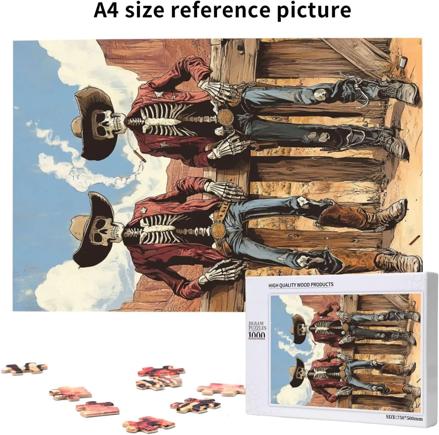 Two Skeleton Cowboys in Desert,1000 Piece Wooden Puzzle for Adults,Unique Artwork for Adult,Brain Training Challenge, Stress Relief Activity,Eco-Friendly Pieces，Gifts for Friends