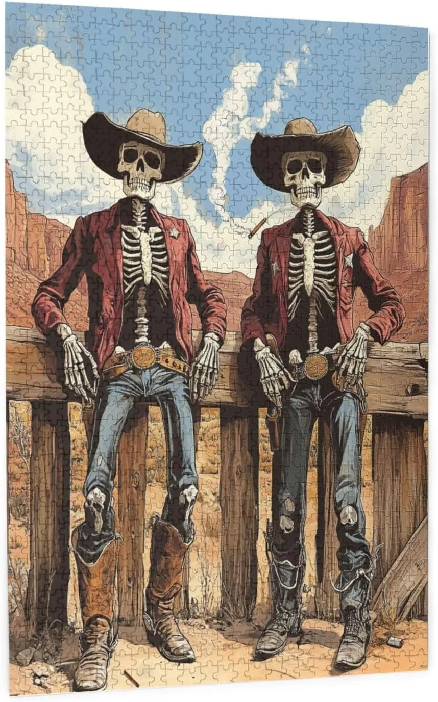 Two Skeleton Cowboys in Desert,1000 Piece Wooden Puzzle for Adults,Unique Artwork for Adult,Brain Training Challenge, Stress Relief Activity,Eco-Friendly Pieces，Gifts for Friends