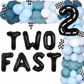 Two Fast Birthday Decorations, Race Car 2nd Birthday Party Decorations, Vintage Retro Blue Race Car Balloons Arch 2 Foil Balloon for Boy 2nd Birthday
