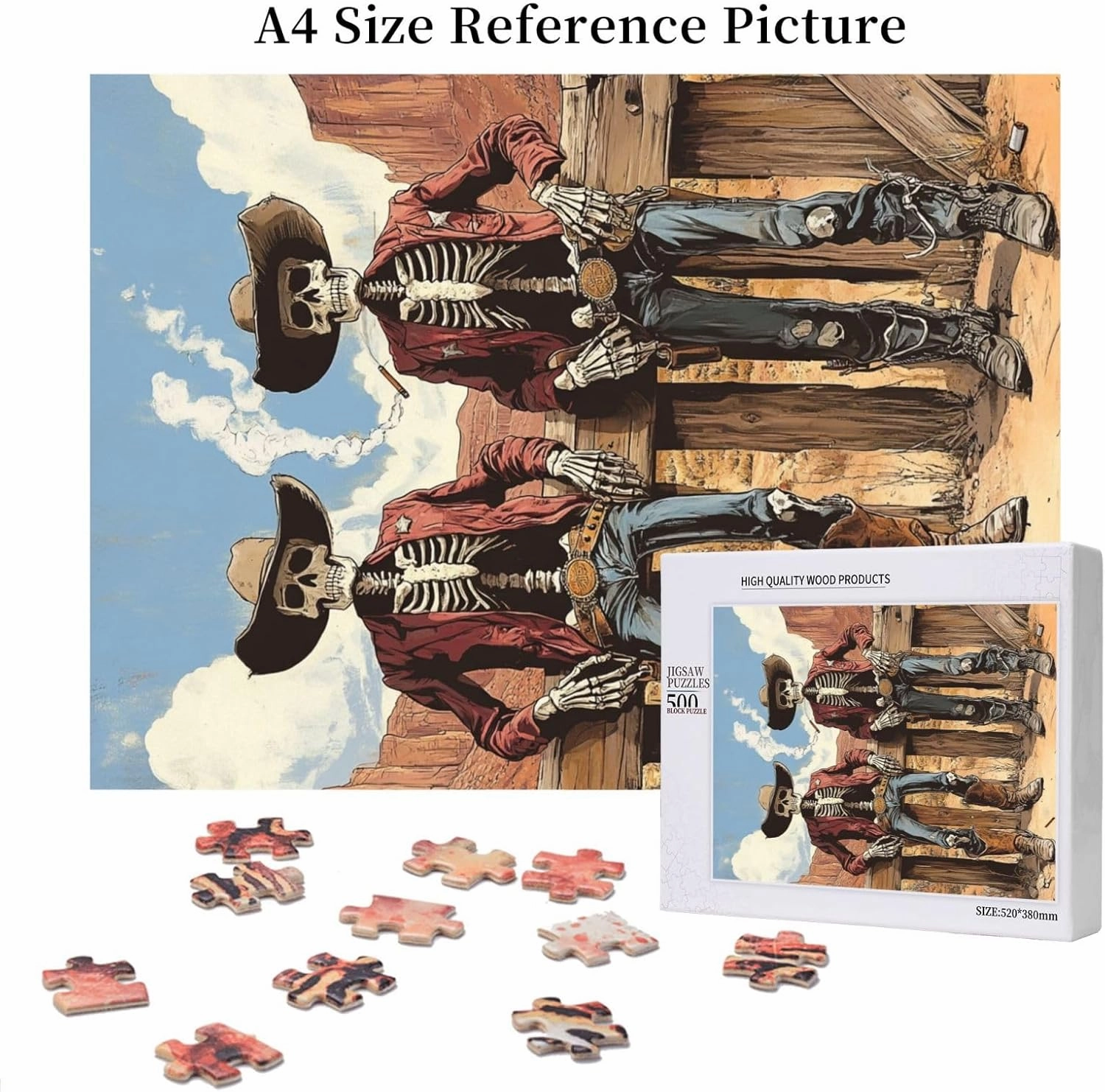 Two Skeleton Cowboys in Desert,500 Piece Wooden Puzzle for Adults,Unique Artwork for Adult,Brain Training Challenge, Stress Relief Activity,Eco-Friendly Pieces，Gifts for Friends