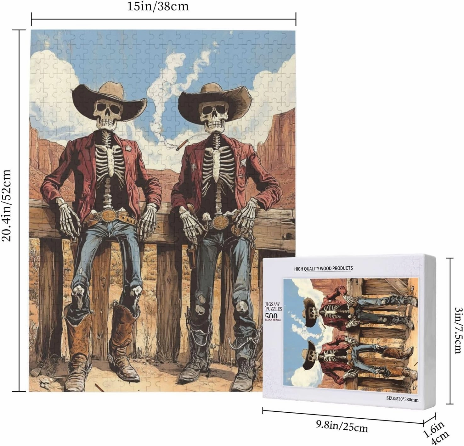 Two Skeleton Cowboys in Desert,500 Piece Wooden Puzzle for Adults,Unique Artwork for Adult,Brain Training Challenge, Stress Relief Activity,Eco-Friendly Pieces，Gifts for Friends