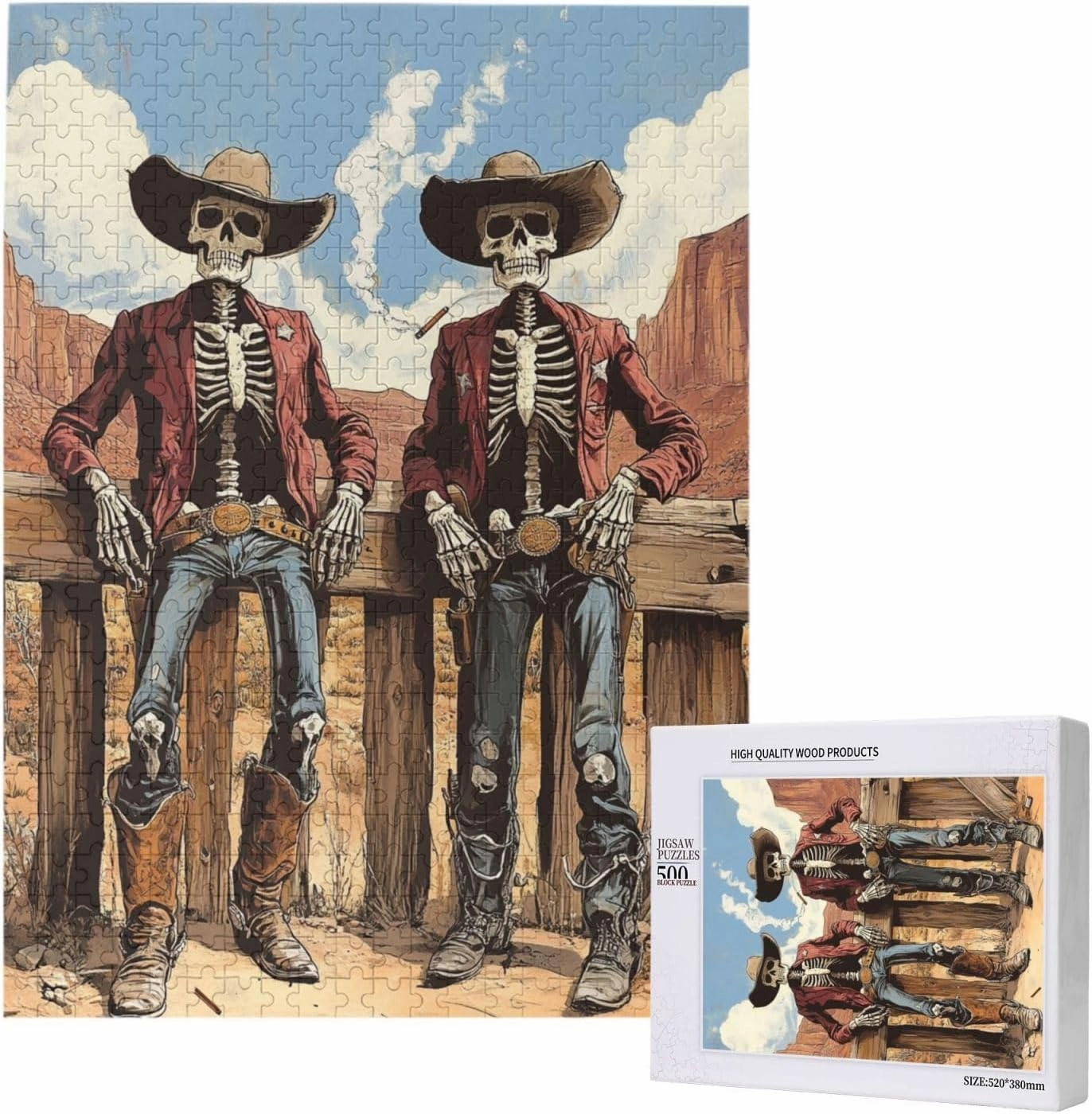 Two Skeleton Cowboys in Desert,500 Piece Wooden Puzzle for Adults,Unique Artwork for Adult,Brain Training Challenge, Stress Relief Activity,Eco-Friendly Pieces，Gifts for Friends