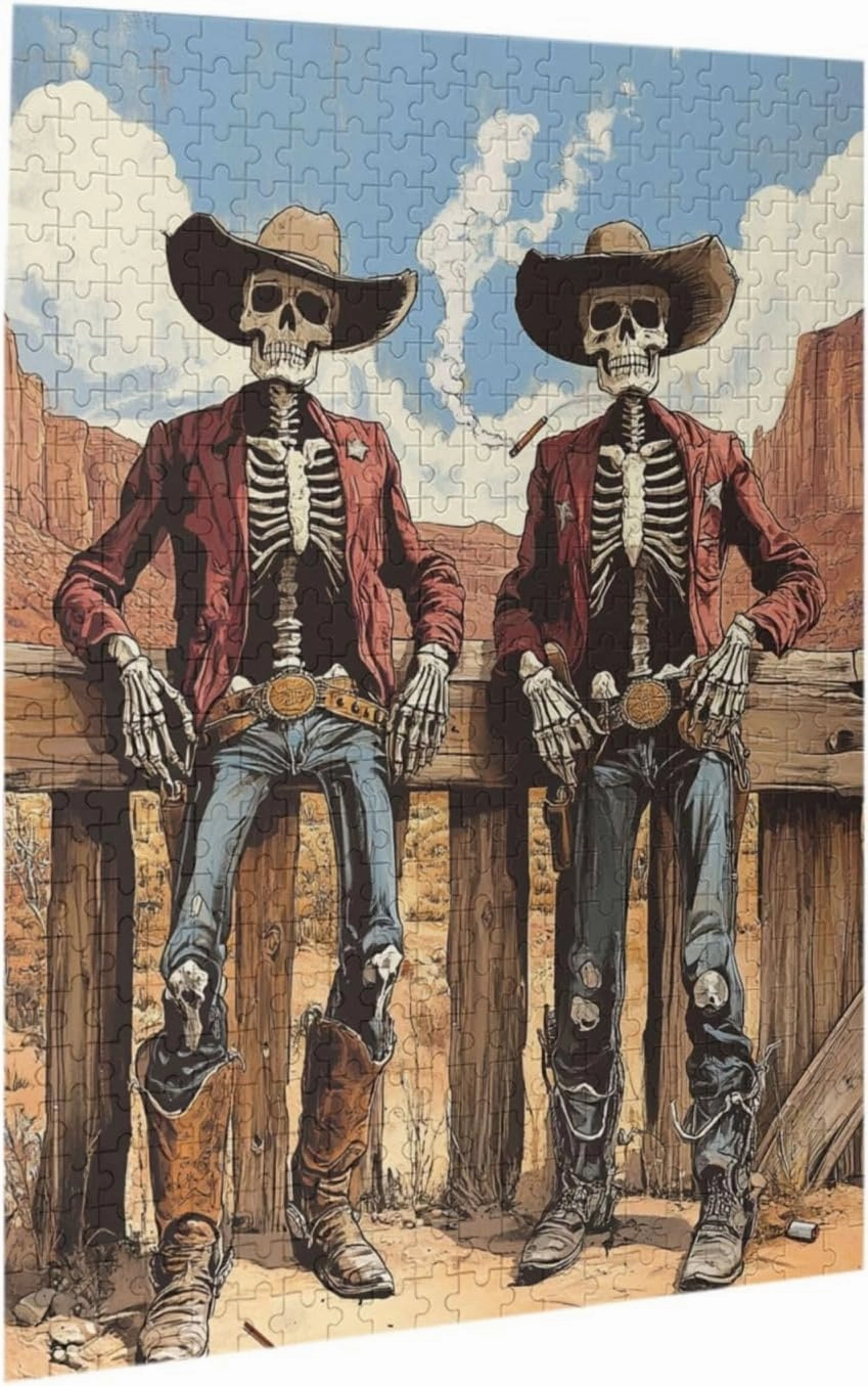 Two Skeleton Cowboys in Desert,500 Piece Wooden Puzzle for Adults,Unique Artwork for Adult,Brain Training Challenge, Stress Relief Activity,Eco-Friendly Pieces，Gifts for Friends