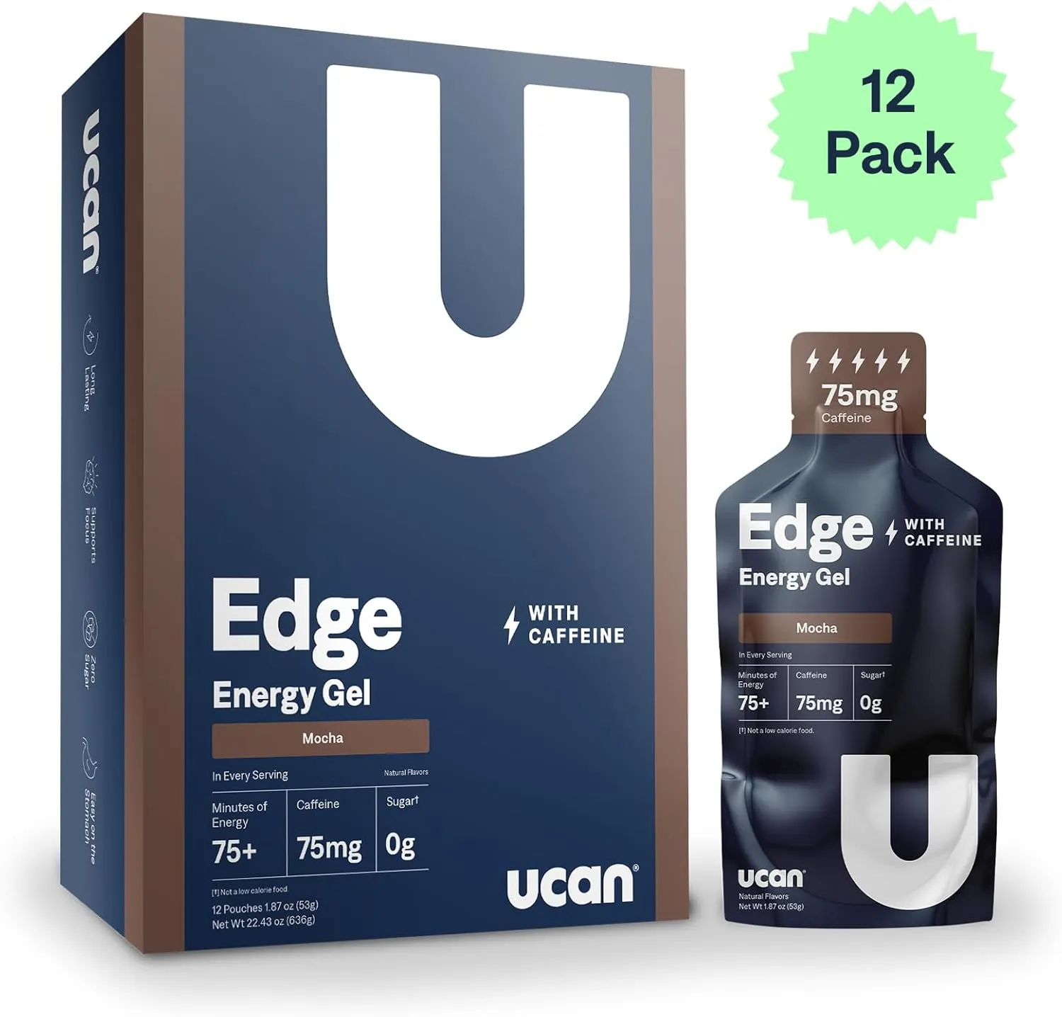 UCAN Edge Energy Gel Shots, Mocha   Caffeine (12, 2 Ounce Packets) for Running, Training, Workouts, Fitness, Cycling, Crossfit | Sugar-Free, Vegan, & Keto Friendly Energy