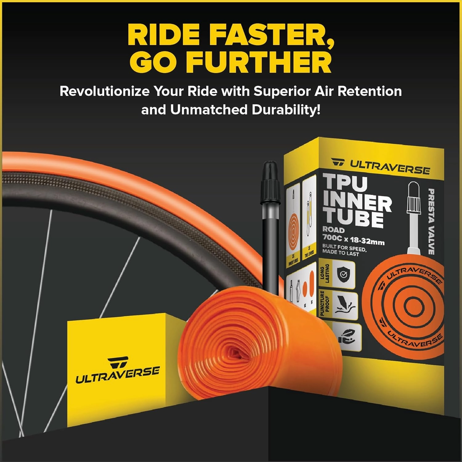 Ultraverse TPU Road Bike Inner Tube 700 x 18-32 with 45mm, 65mm, 85mm Presta Valves Ultra Lightweight Tubes for Road and Gravel Bicycles - 2 Pack with Repair Patch Kit