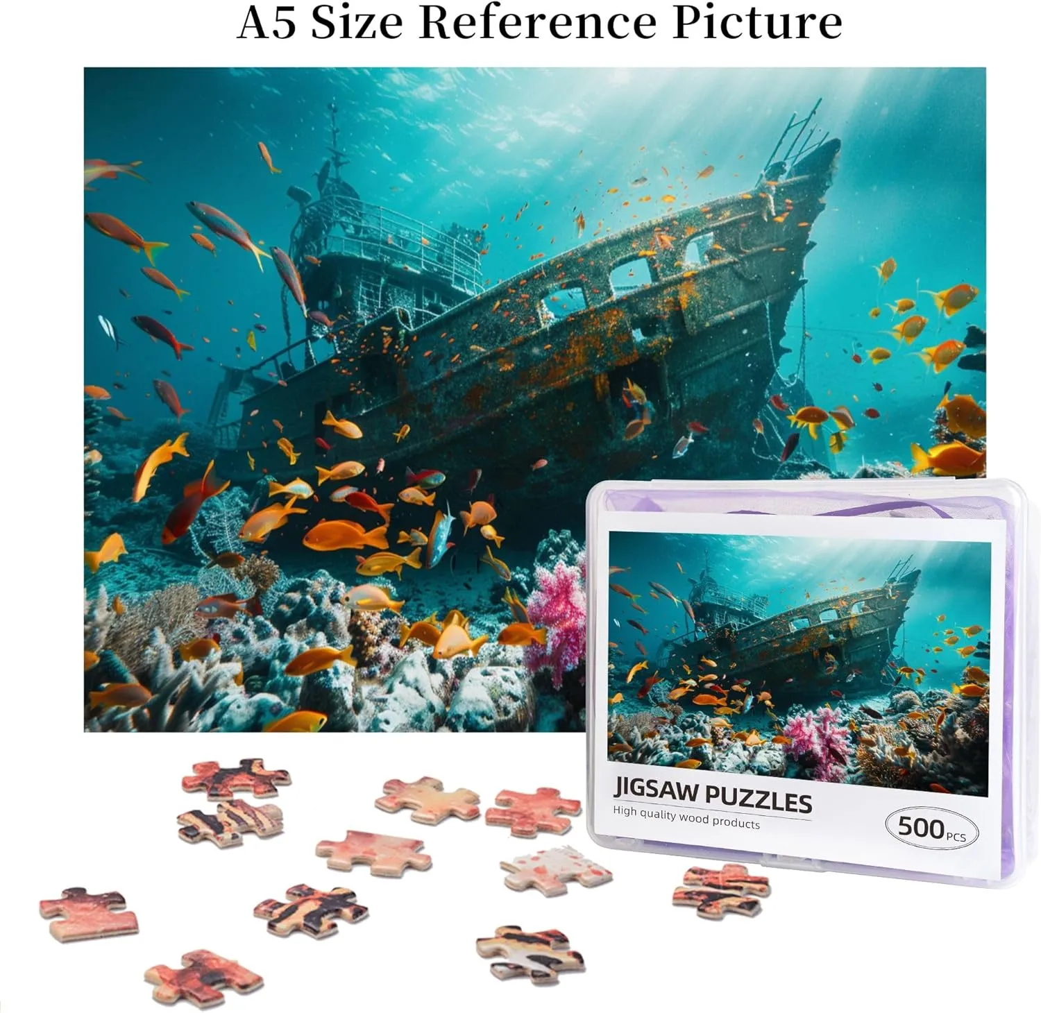 Underwater shipwrecks and Fish Puzzles for Adults 500 Pieces,Funny shipwrecks and Fish 500 Piece Wooden Puzzle,Adults Challenging Puzzle Perfect for Game Nights,Gift for Puzzle Enthusiast