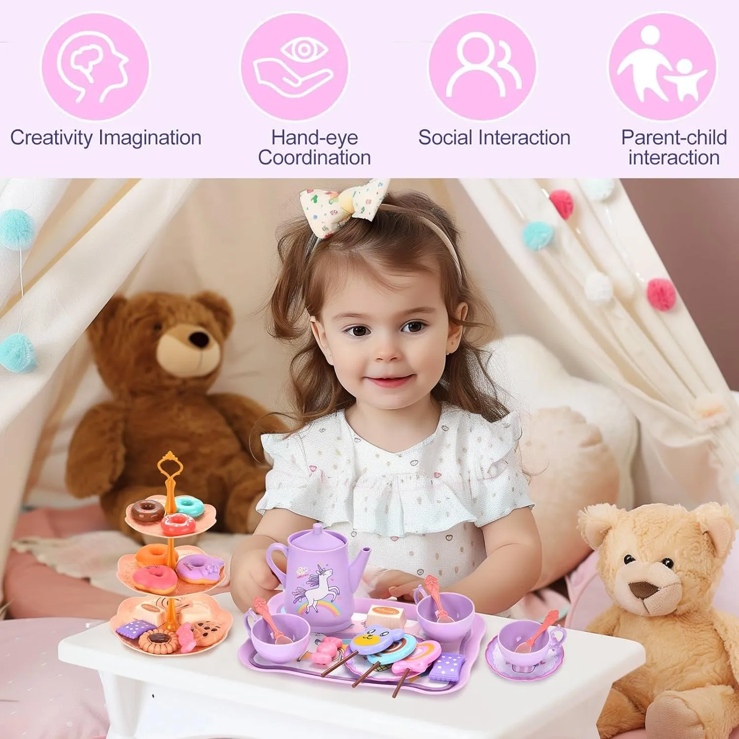 Unicorn Tea Party Set for Little Girls, Pretend Plastic Teapot Set, Princess Tea Time Play Kitchen Toy with Dessert, Carrying Case for Birthday Easter Gifts Kids Toddlers Age 3 4 5 6