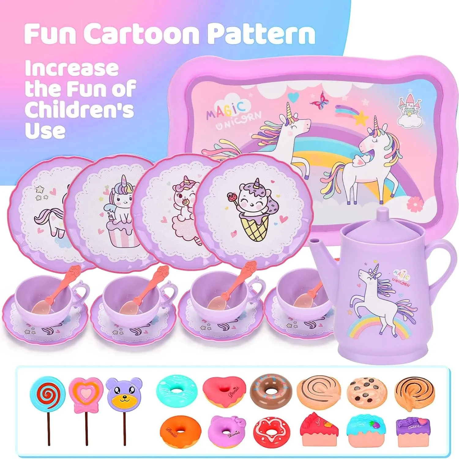 Unicorn Tea Party Set for Little Girls, Pretend Plastic Teapot Set, Princess Tea Time Play Kitchen Toy with Dessert, Carrying Case for Birthday Easter Gifts Kids Toddlers Age 3 4 5 6