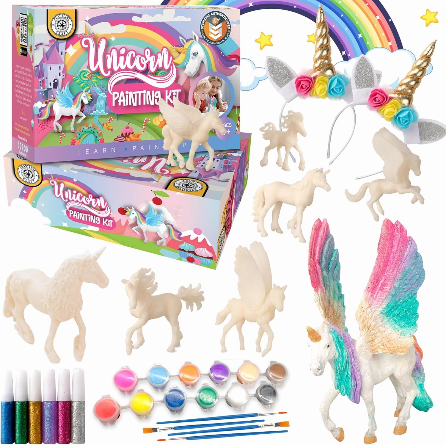 Unicorn Painting Kit for Girls - STEM Certified Unicorn Craft for Girls Ages 4-6 & up- Paint Your Own Arts and Crafts Includes 2 DIY Headbands & 8 Kids Painting Crafts for Fun Screen-Free Play