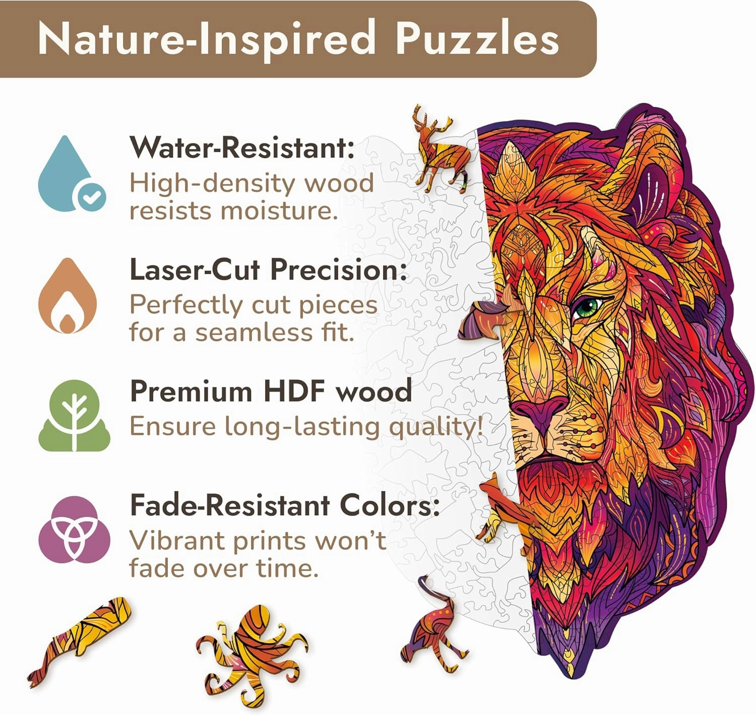 Unique Wooden Puzzles for Adults, Great Lion A4, 122 Pieces - Animal Shaped Wooden Jigsaw Puzzle for Adults, Teens, Kids - Creative Gift, Family Game