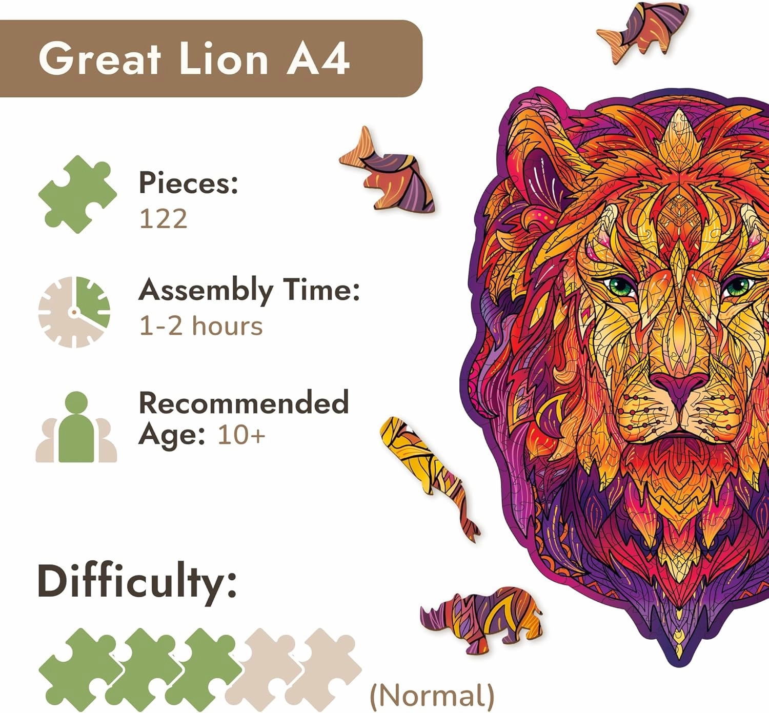Unique Wooden Puzzles for Adults, Great Lion A4, 122 Pieces - Animal Shaped Wooden Jigsaw Puzzle for Adults, Teens, Kids - Creative Gift, Family Game
