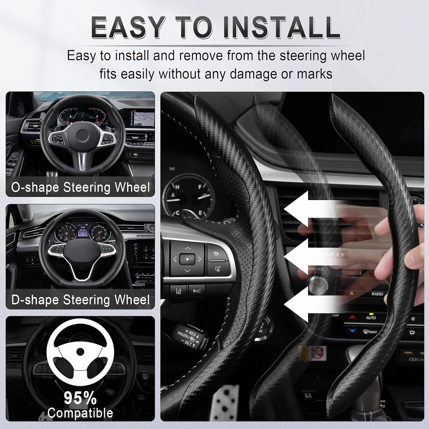 Urehepo Car Carbon Fiber Steering Wheel Cover, Non-Slip and Breathable Microfiber Leather, Steering Wheel Wrap Cover Accessories Universal, Black