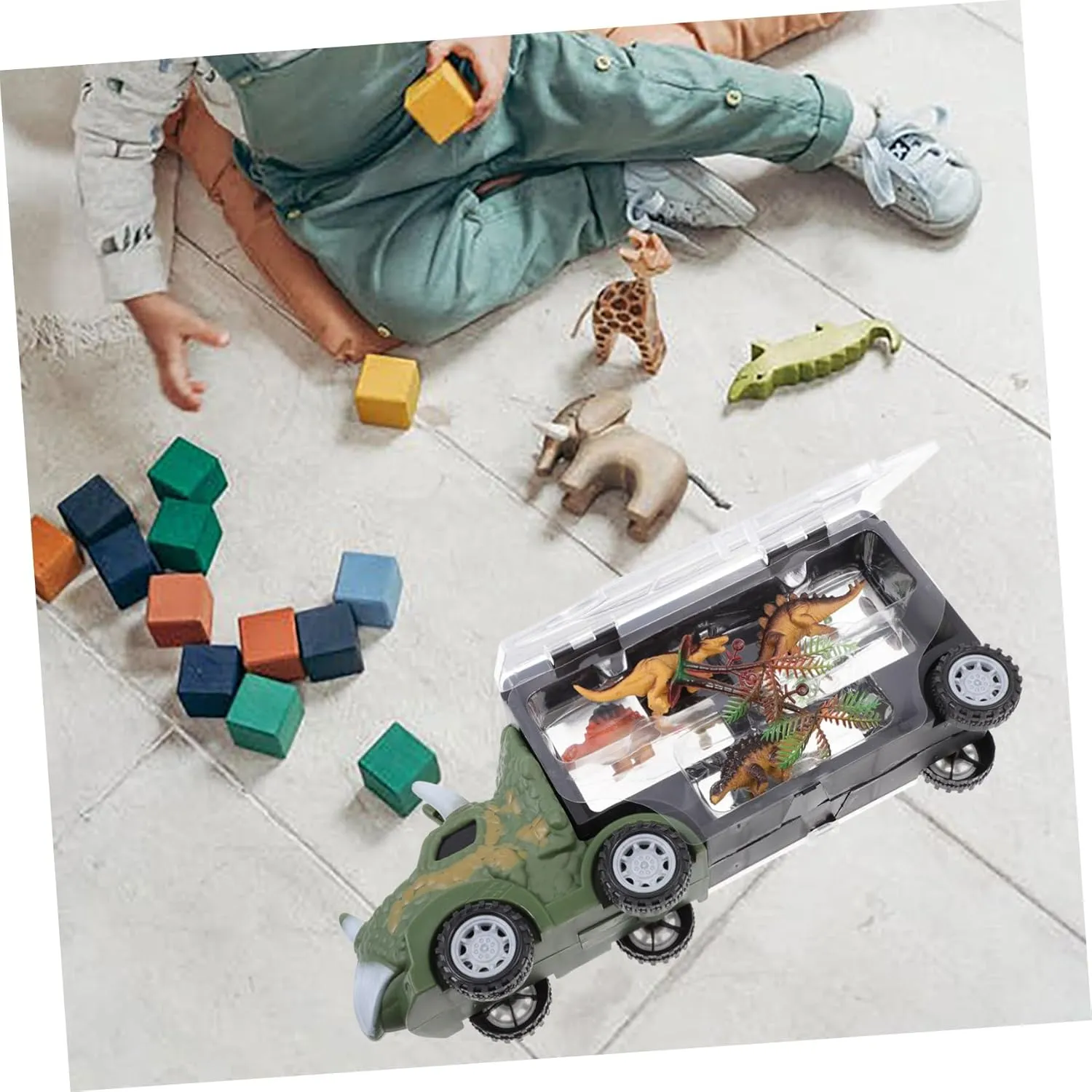 Vaguelly 1set Creative Dinosaur-Shaped Truck Toy Funny Animals Display Carrier Safe Container for Imaginative Play and Girls Educational Animal Models Included Style