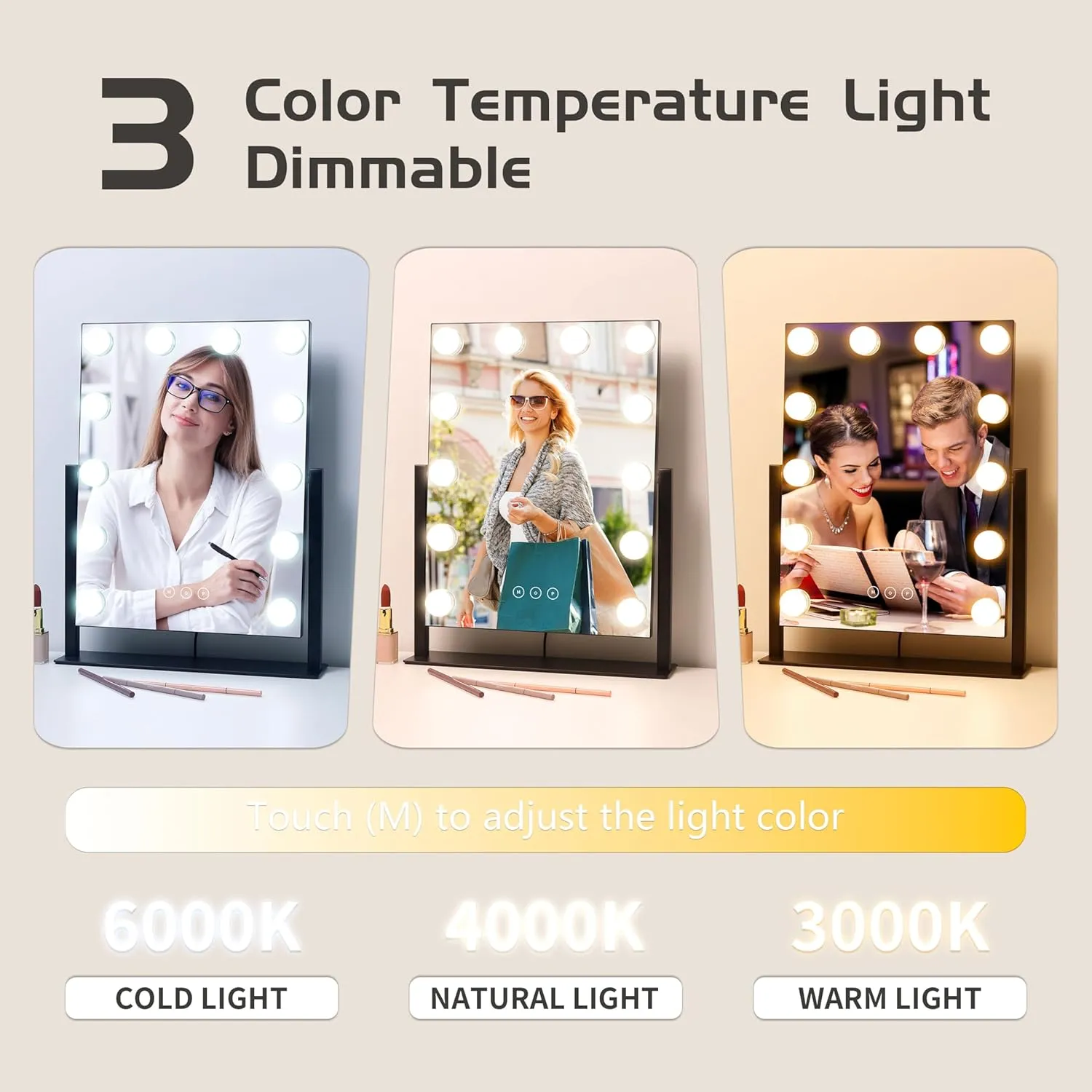 Vanity Mirror with Lights,Lighted Vanity Mirror with 12 Dimmable Bulbs for Dressing Room & Bedroom,3 Color Lighting,Modes Detachable 10x Magnification 360°Ratation