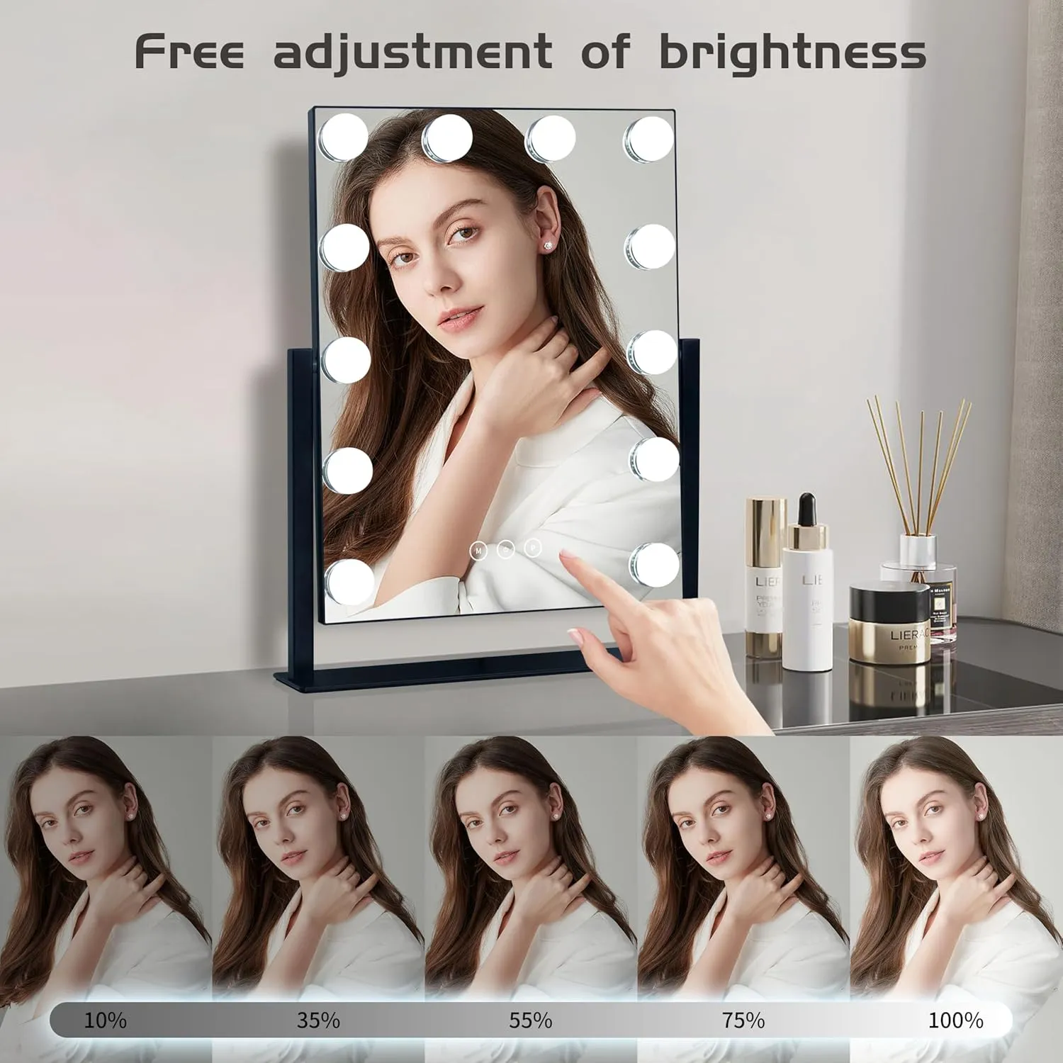 Vanity Mirror with Lights,Lighted Vanity Mirror with 12 Dimmable Bulbs for Dressing Room & Bedroom,3 Color Lighting,Modes Detachable 10x Magnification 360°Ratation
