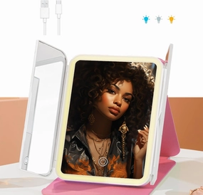 Vanity Mirror with Lights, Makeup Mirror, Light 1X 2X 3X, Trifold Travel Mirror, LED Desk Mirror, 800mAh, 3 Color, Dimmable, Gift for Women (Cute Bear Pink)