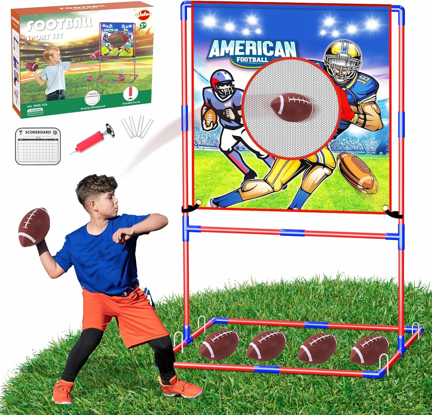 VATOS Football Toss Target Games with 4 Inflatable Footballs - Indoor Outdoor Backyard Throwing Sport Toy for Kids, Football Passing Targets Party Game for Boys Girls and Family Fun Play