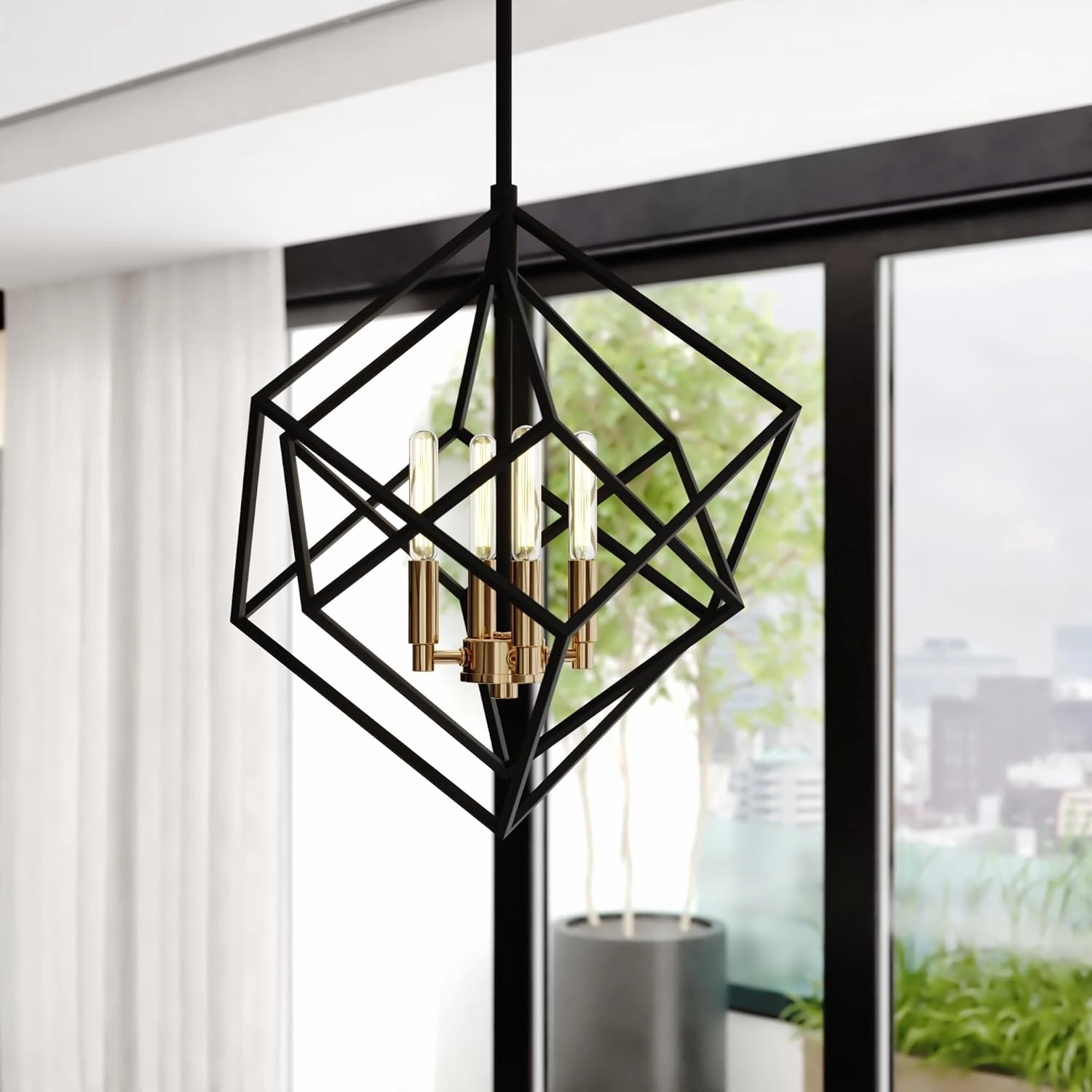 VAXCEL Rad 17.5-in. W 4 Light Geometric Black and Brass Pendant Cage Light