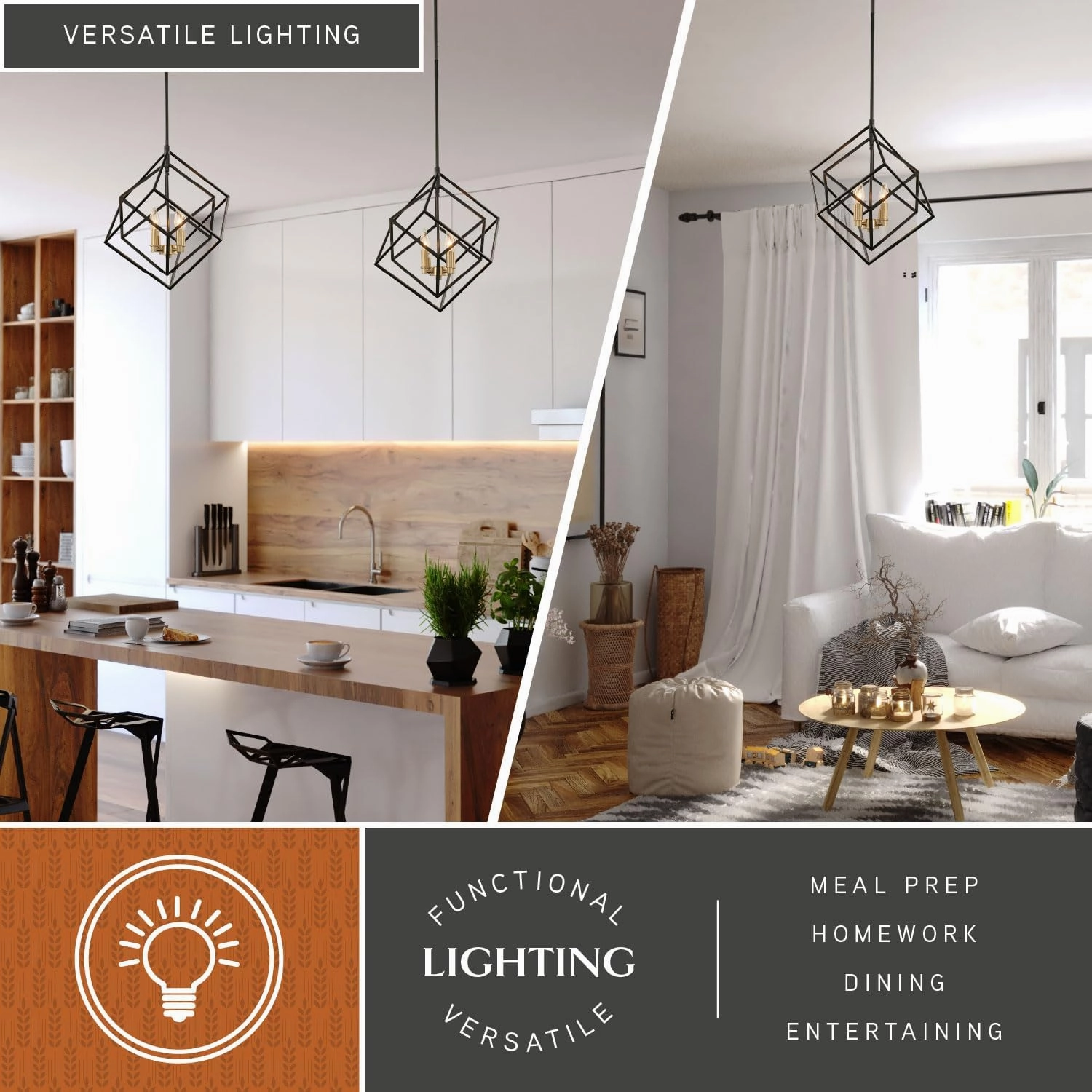 VAXCEL Rad 17.5-in. W 4 Light Geometric Black and Brass Pendant Cage Light