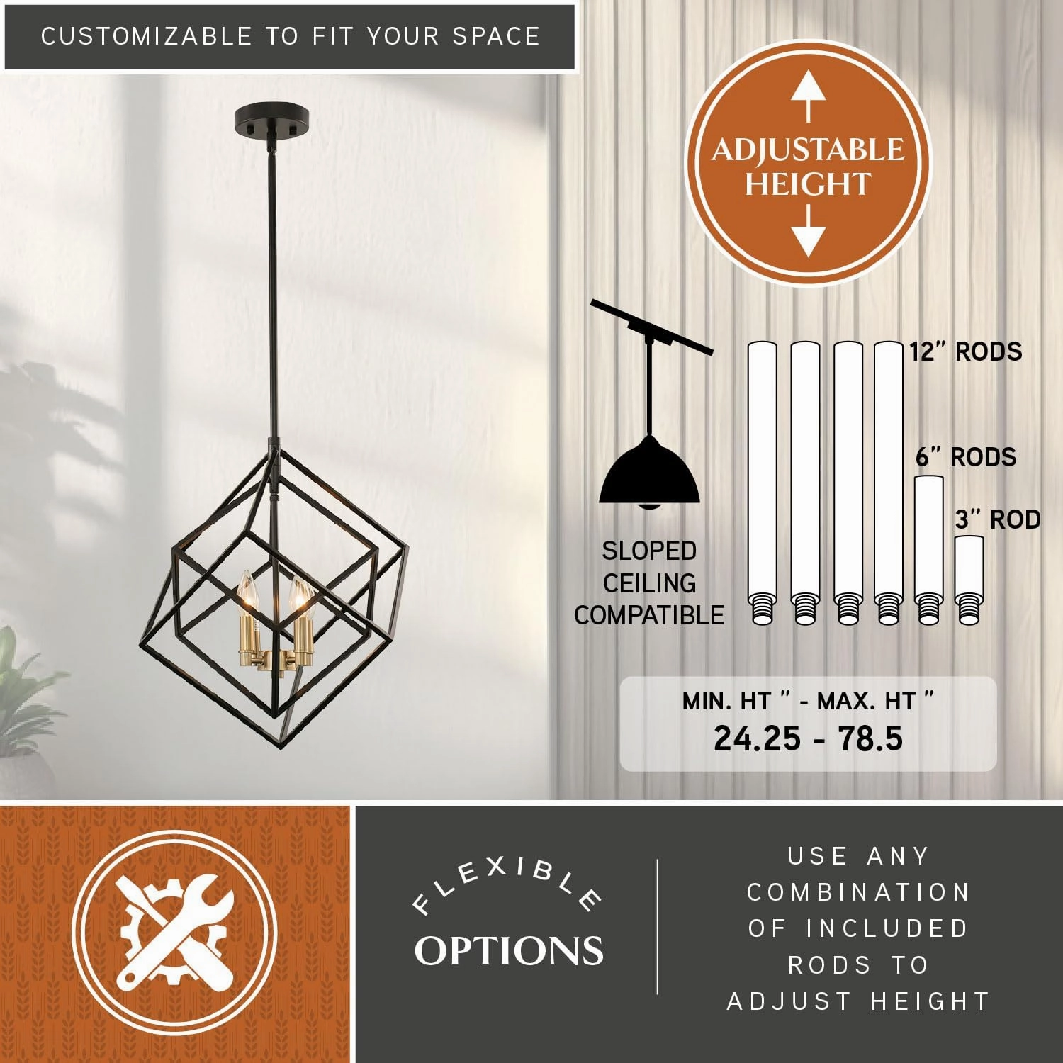 VAXCEL Rad 17.5-in. W 4 Light Geometric Black and Brass Pendant Cage Light