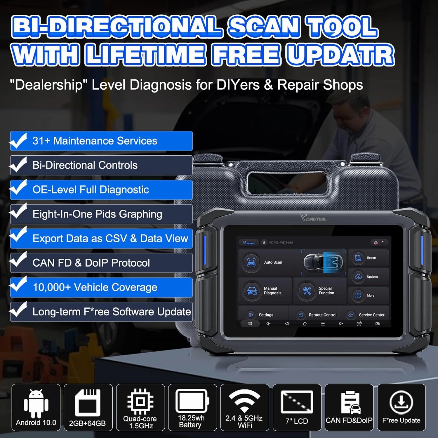 VDIAGTOOL Bidirectional Scan Tool VD70 Lite, OBD2 Scanner Diagnostic Tool with 31  Resets, 2025 Scanner for Car, Full System Scan, CAN FD & DoIP