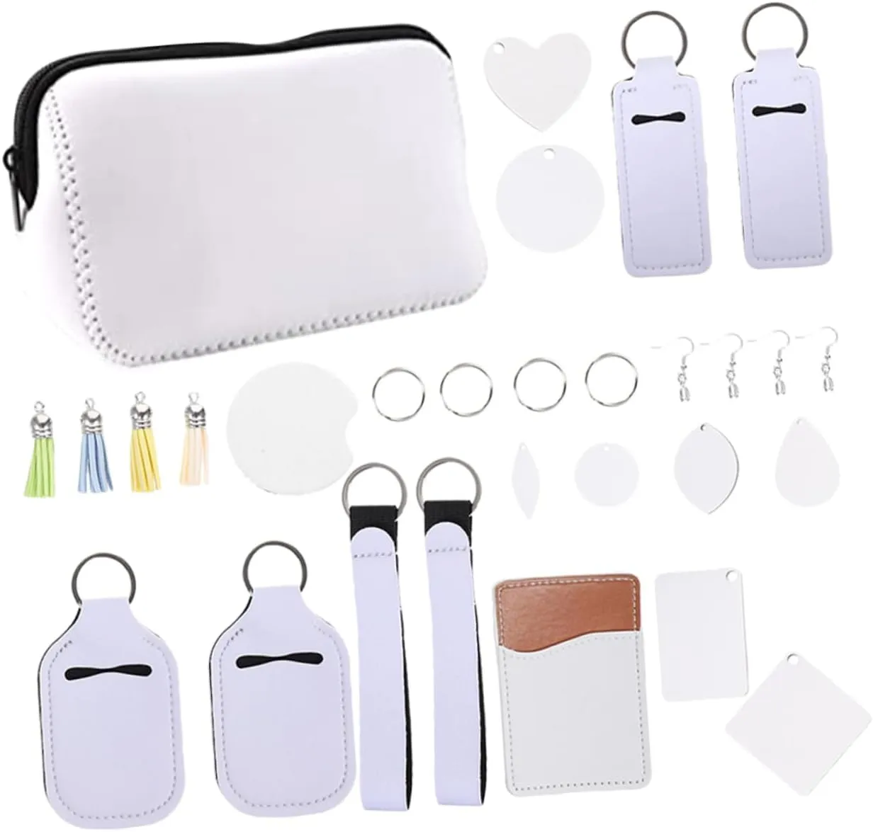 Veemoon 1Set DIY Keychain Blanks Heat Transfer Supplies for Handmade Earrings Custom Pendants Double Sided Cosmetic Bag Blanks for Creative Crafts