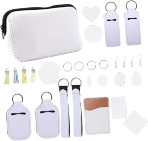 Veemoon 1Set DIY Keychain Blanks Heat Transfer Supplies for Handmade Earrings Custom Pendants Double Sided Cosmetic Bag Blanks for Creative Crafts