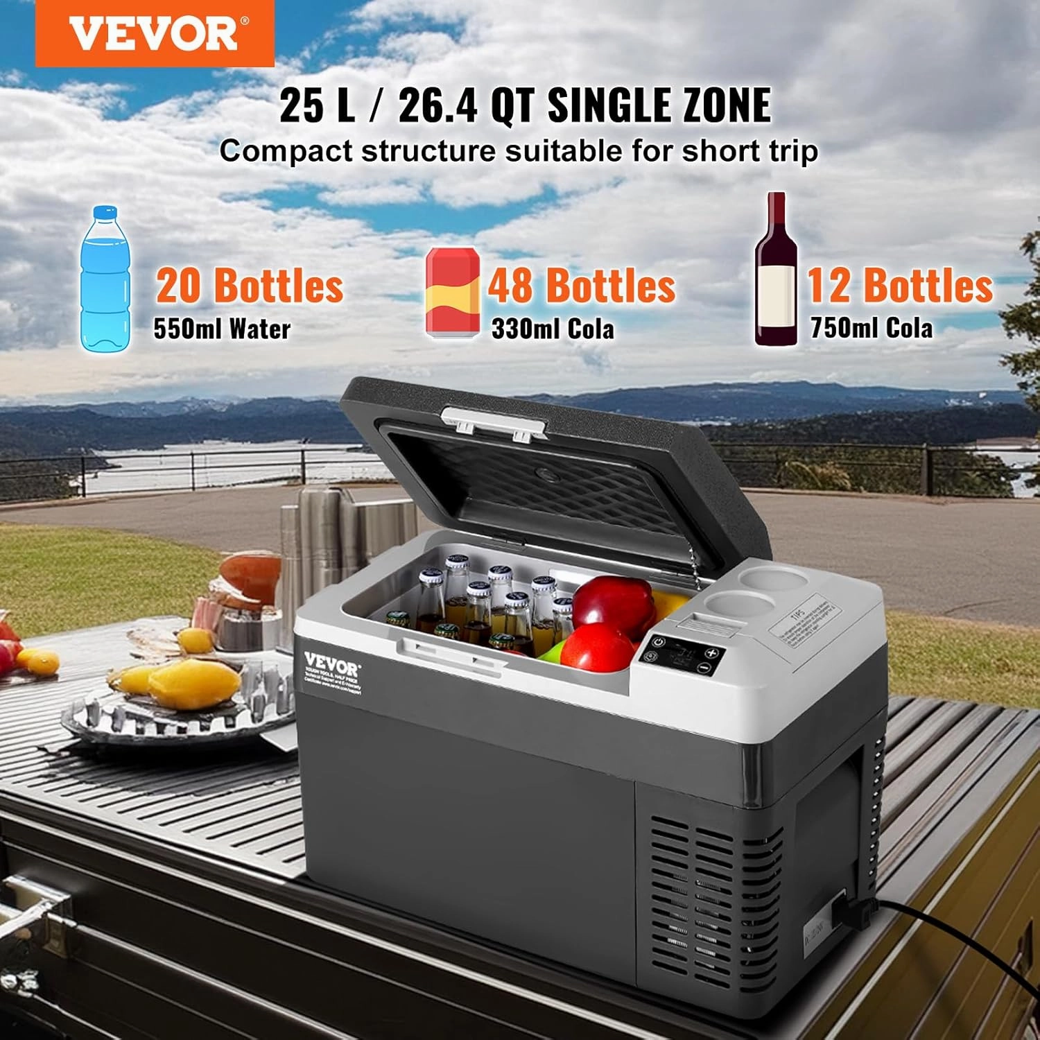 VEVOR Portable Car Refrigerator, 12 Volt Car Refrigerator Fridge, 25 L / 26.4 QT Single Zone Portable Freezer, -4℉-68℉ Adjustable Temperature, Compressor Cooler for Home, Outdoor, Camping, RV, Car