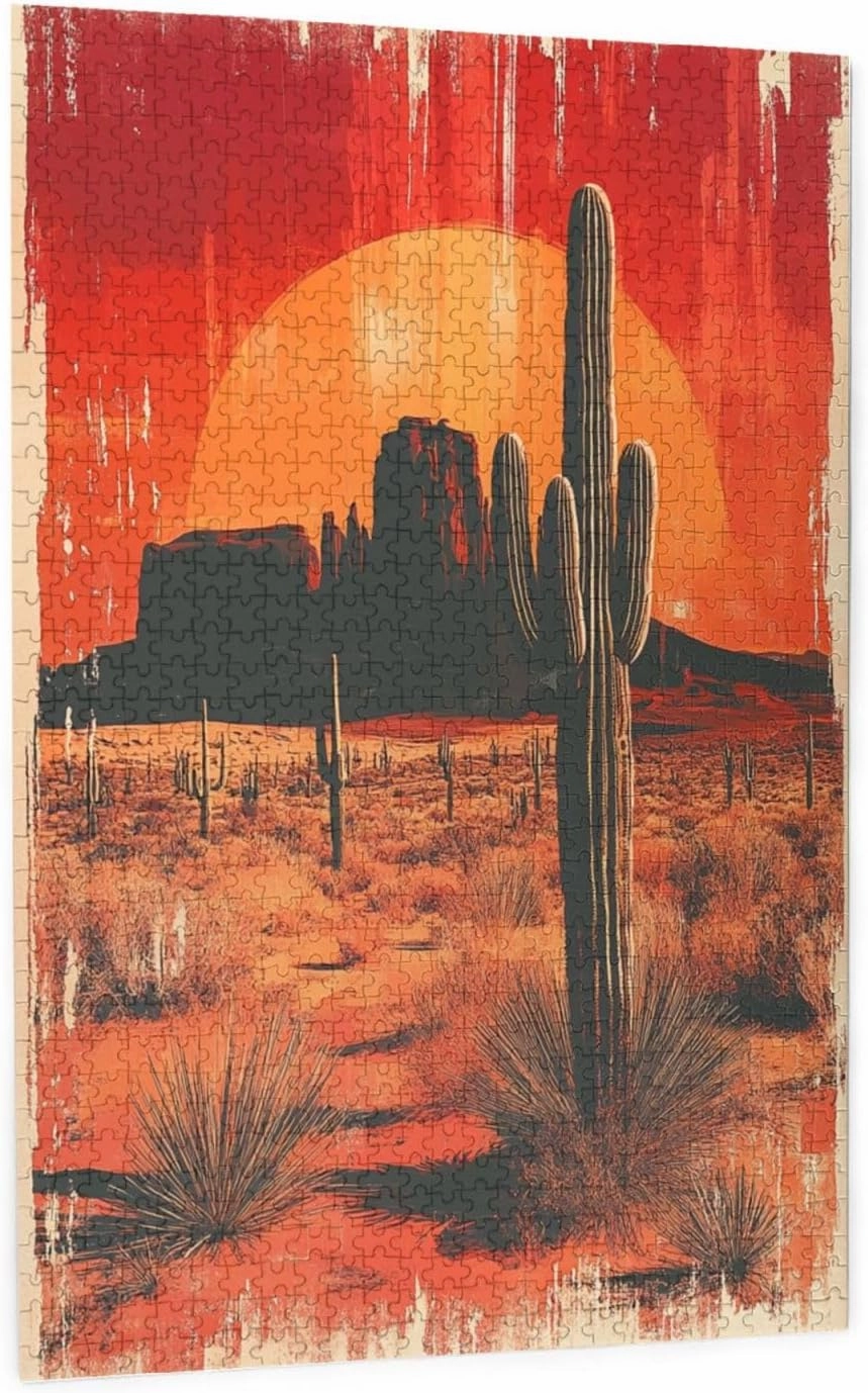 Vintage-Style Desert Landscape with Towering Saguaros,1000 Pcs Wooden Jigsaw Puzzle for Adults,Stress Relief Activity,Retro Southwest Artwork,Brain Training Challenge,Eco-Friendly Piece