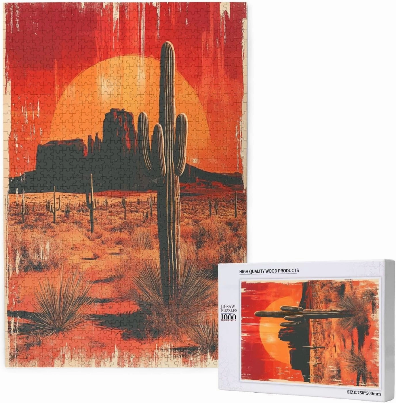 Vintage-Style Desert Landscape with Towering Saguaros,1000 Pcs Wooden Jigsaw Puzzle for Adults,Stress Relief Activity,Retro Southwest Artwork,Brain Training Challenge,Eco-Friendly Piece