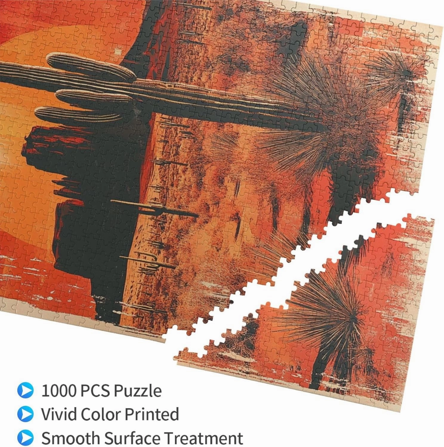 Vintage-Style Desert Landscape with Towering Saguaros,1000 Pcs Wooden Jigsaw Puzzle for Adults,Stress Relief Activity,Retro Southwest Artwork,Brain Training Challenge,Eco-Friendly Piece