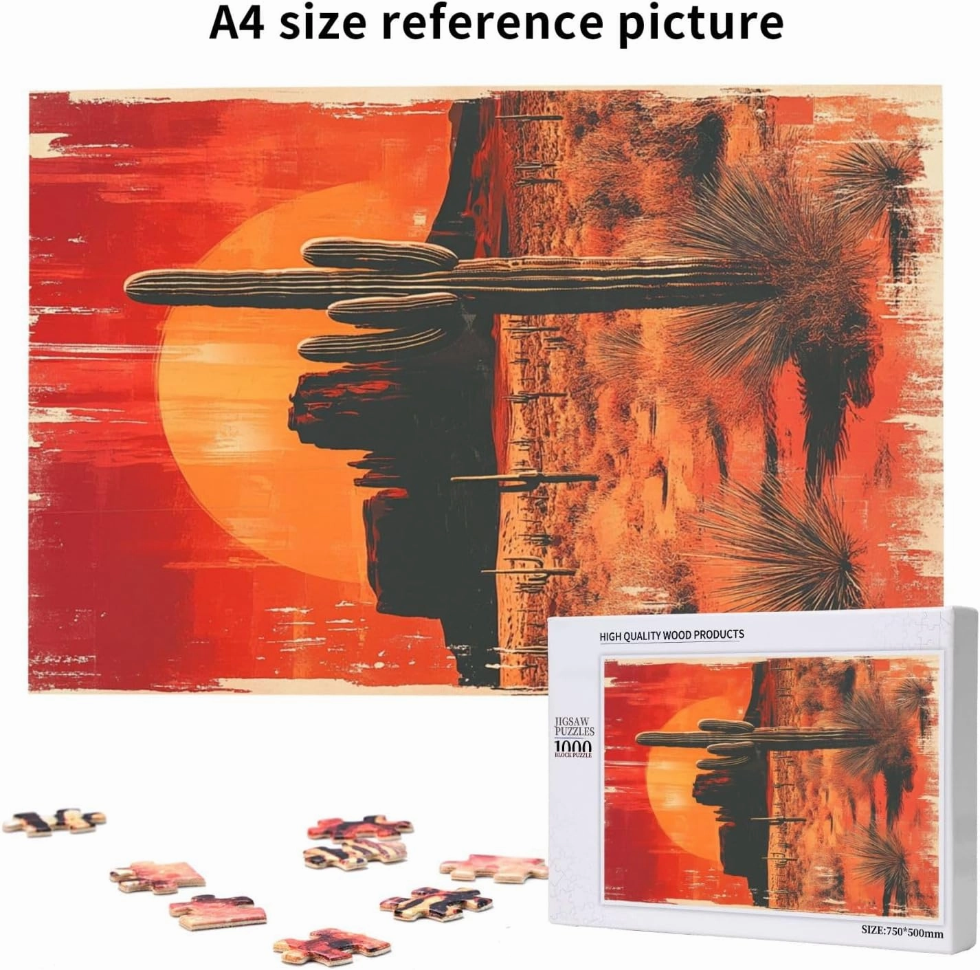 Vintage-Style Desert Landscape with Towering Saguaros,1000 Pcs Wooden Jigsaw Puzzle for Adults,Stress Relief Activity,Retro Southwest Artwork,Brain Training Challenge,Eco-Friendly Piece