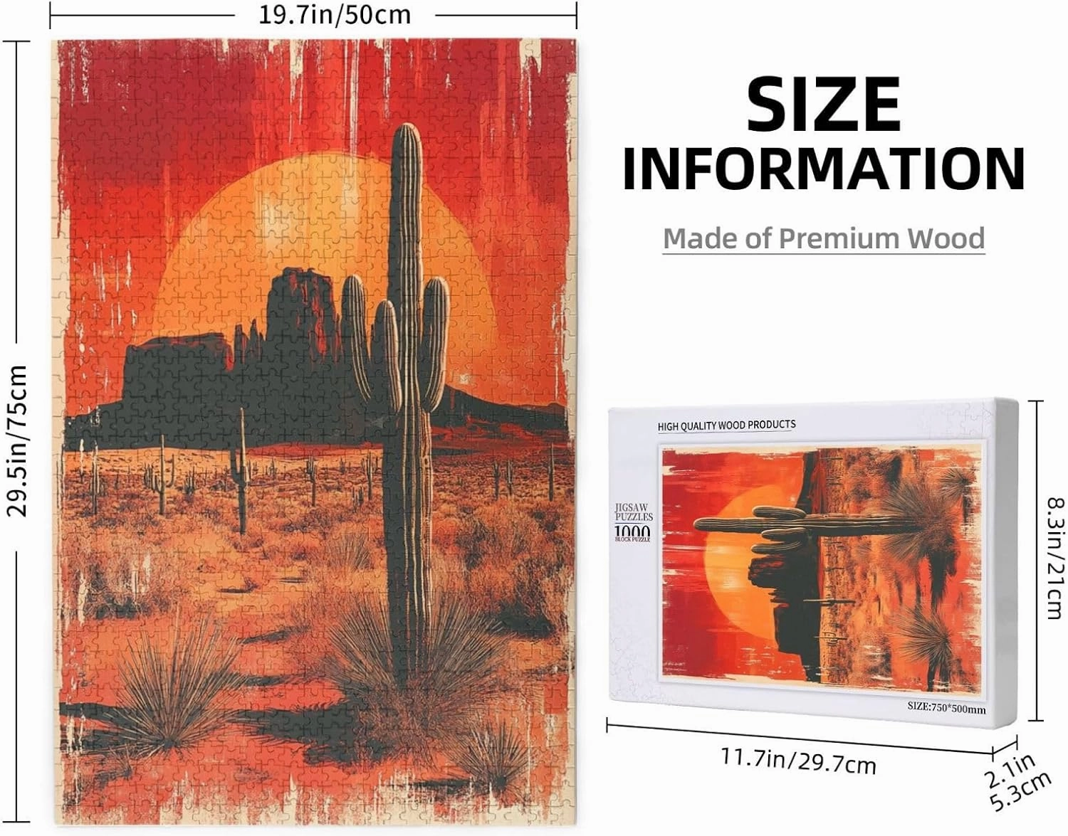 Vintage-Style Desert Landscape with Towering Saguaros,1000 Pcs Wooden Jigsaw Puzzle for Adults,Stress Relief Activity,Retro Southwest Artwork,Brain Training Challenge,Eco-Friendly Piece