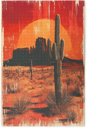 Vintage-Style Desert Landscape with Towering Saguaros,1000 Pcs Wooden Jigsaw Puzzle for Adults,Stress Relief Activity,Retro Southwest Artwork,Brain Training Challenge,Eco-Friendly Piece