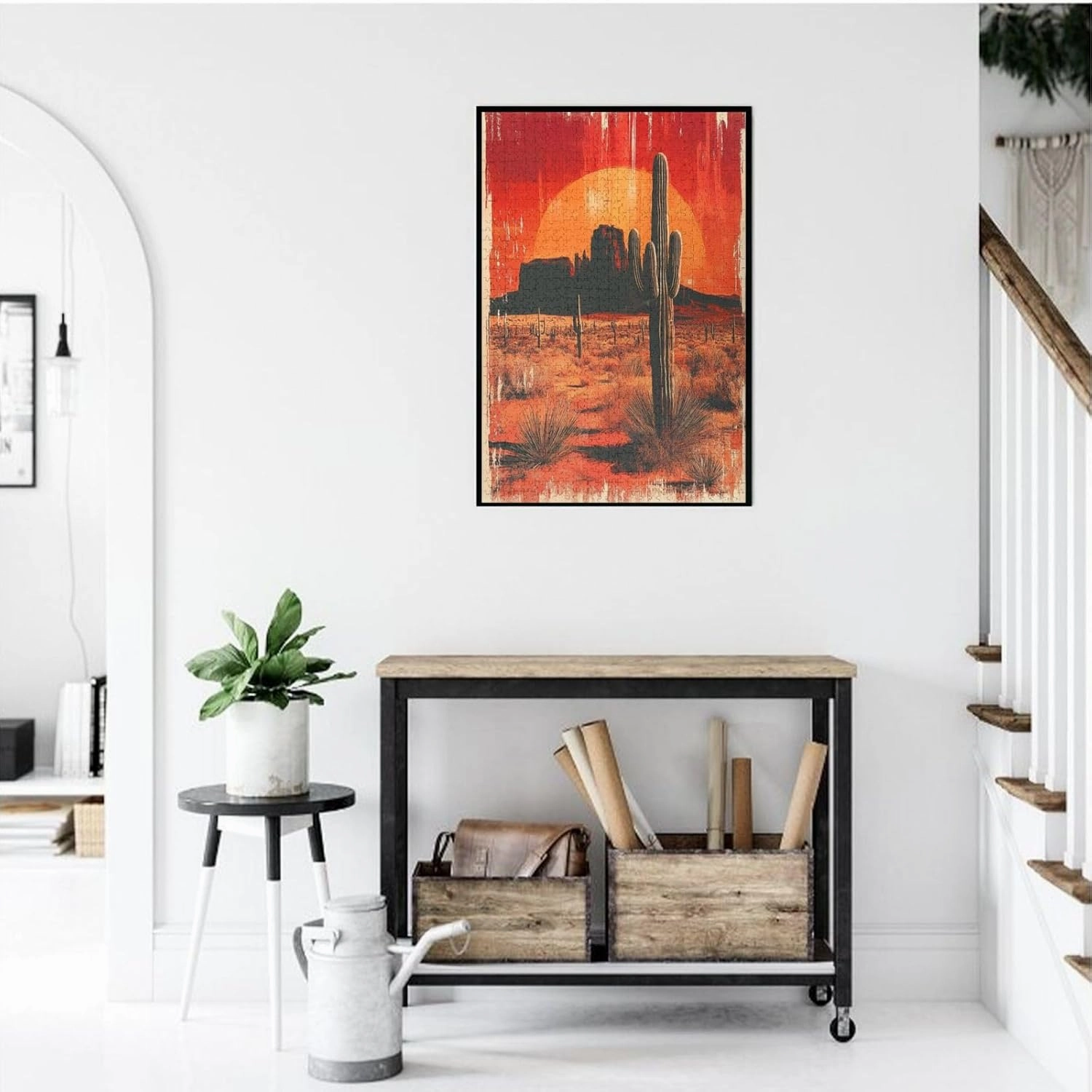 Vintage-Style Desert Landscape with Towering Saguaros,1000 Pcs Wooden Jigsaw Puzzle for Adults,Stress Relief Activity,Retro Southwest Artwork,Brain Training Challenge,Eco-Friendly Piece