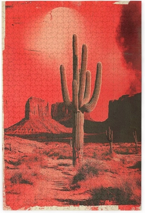 Vintage-Style Desert Landscape with Towering Saguaros,1000 Piece Wooden Puzzle for Adults,Brain Training Challenge,Stress Relief Activity,Retro Southwest Artwork,Eco-Friendly Pieces