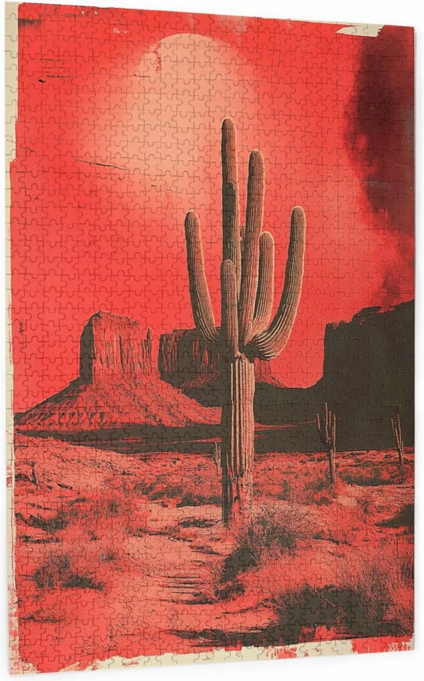 Vintage-Style Desert Landscape with Towering Saguaros,1000 Piece Wooden Puzzle for Adults,Brain Training Challenge,Stress Relief Activity,Retro Southwest Artwork,Eco-Friendly Pieces