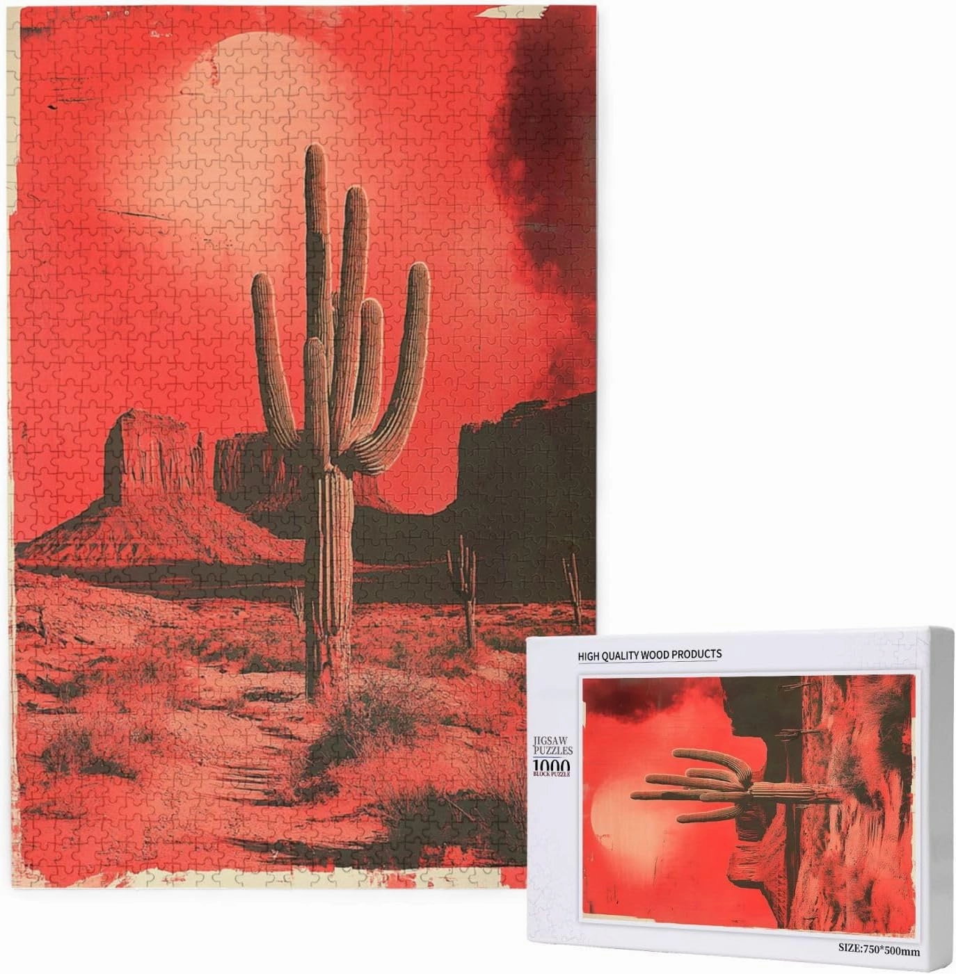 Vintage-Style Desert Landscape with Towering Saguaros,1000 Piece Wooden Puzzle for Adults,Brain Training Challenge,Stress Relief Activity,Retro Southwest Artwork,Eco-Friendly Pieces