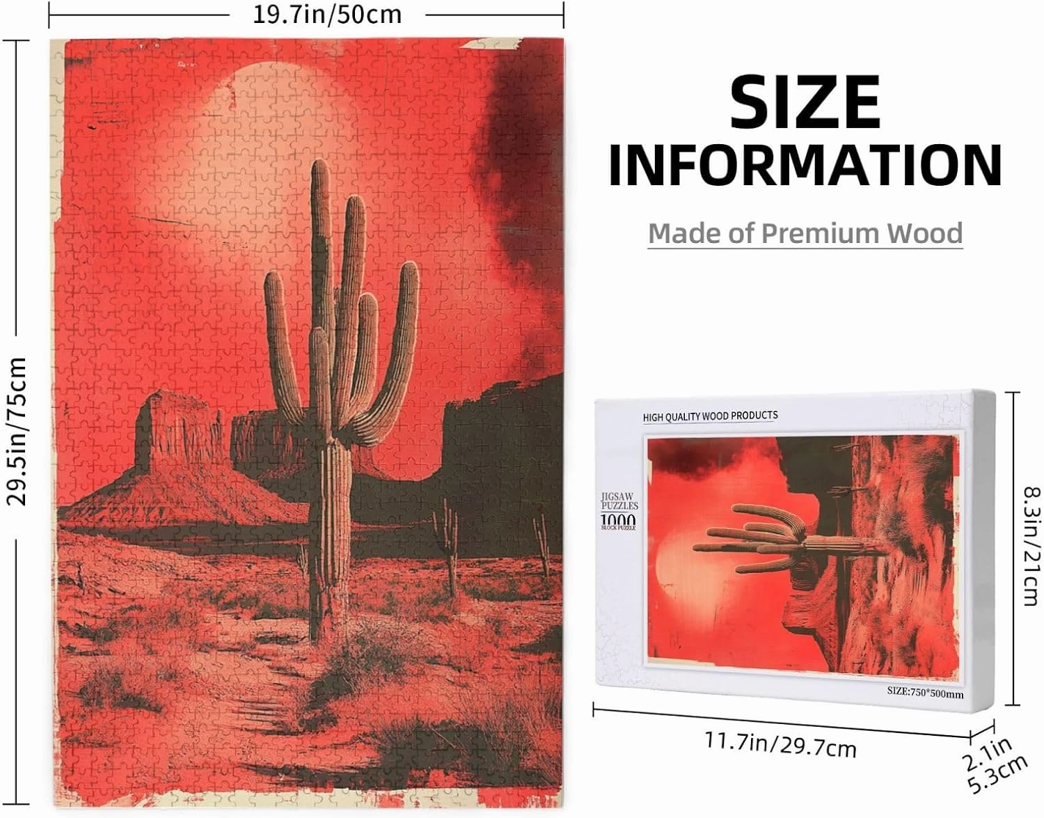 Vintage-Style Desert Landscape with Towering Saguaros,1000 Piece Wooden Puzzle for Adults,Brain Training Challenge,Stress Relief Activity,Retro Southwest Artwork,Eco-Friendly Pieces