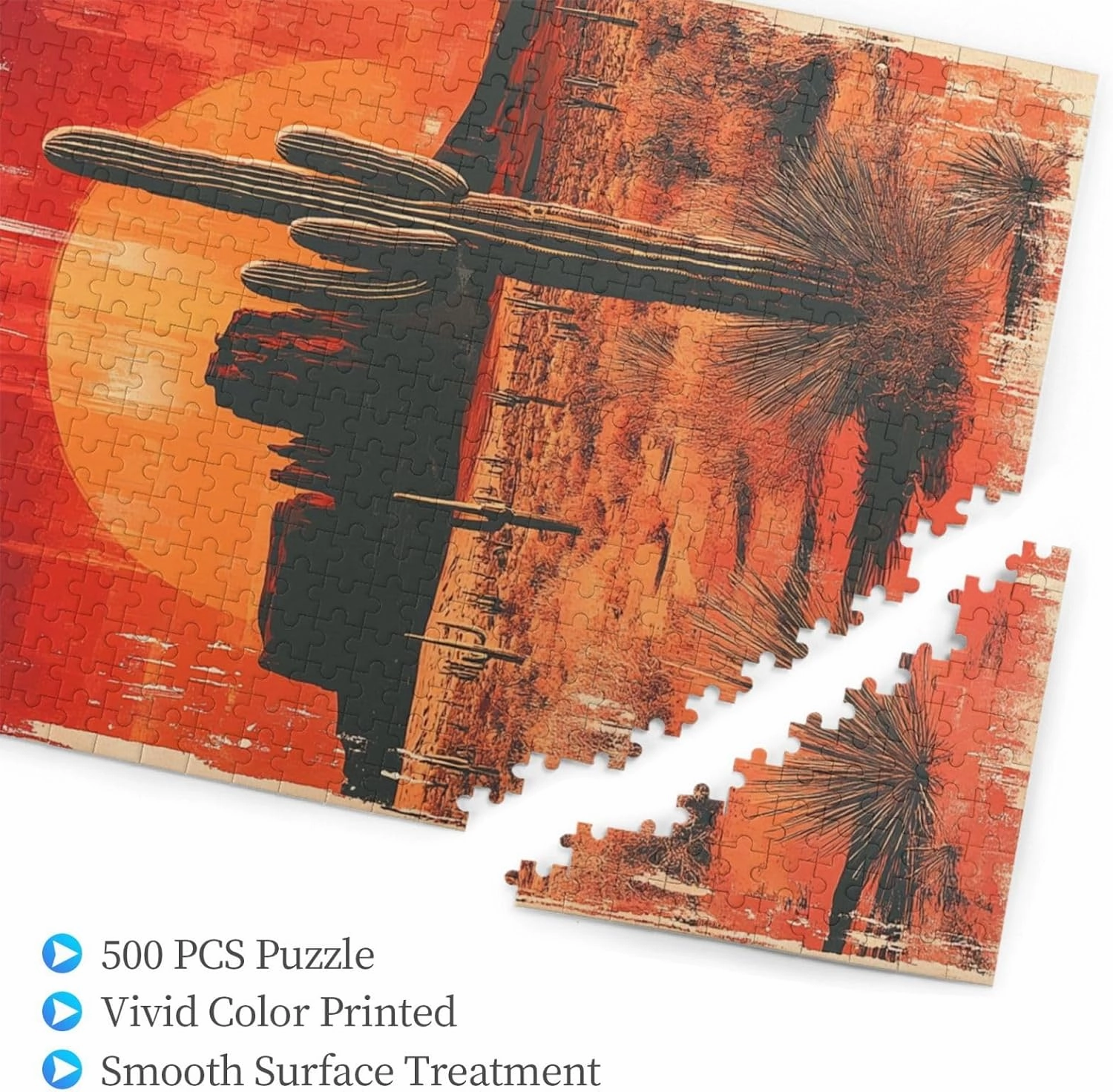 Vintage-Style Desert Landscape with Towering Saguaros,500 Pcs Wooden Jigsaw Puzzle for Adults,Stress Relief Activity,Retro Southwest Artwork,Brain Training Challenge,Eco-Friendly Piece