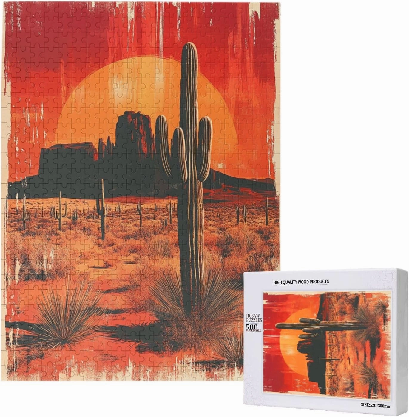Vintage-Style Desert Landscape with Towering Saguaros,500 Pcs Wooden Jigsaw Puzzle for Adults,Stress Relief Activity,Retro Southwest Artwork,Brain Training Challenge,Eco-Friendly Piece