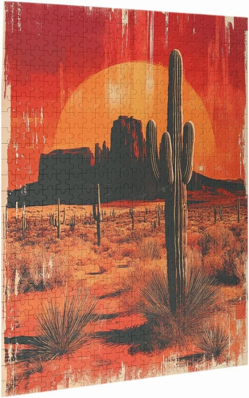 Vintage-Style Desert Landscape with Towering Saguaros,500 Pcs Wooden Jigsaw Puzzle for Adults,Stress Relief Activity,Retro Southwest Artwork,Brain Training Challenge,Eco-Friendly Piece