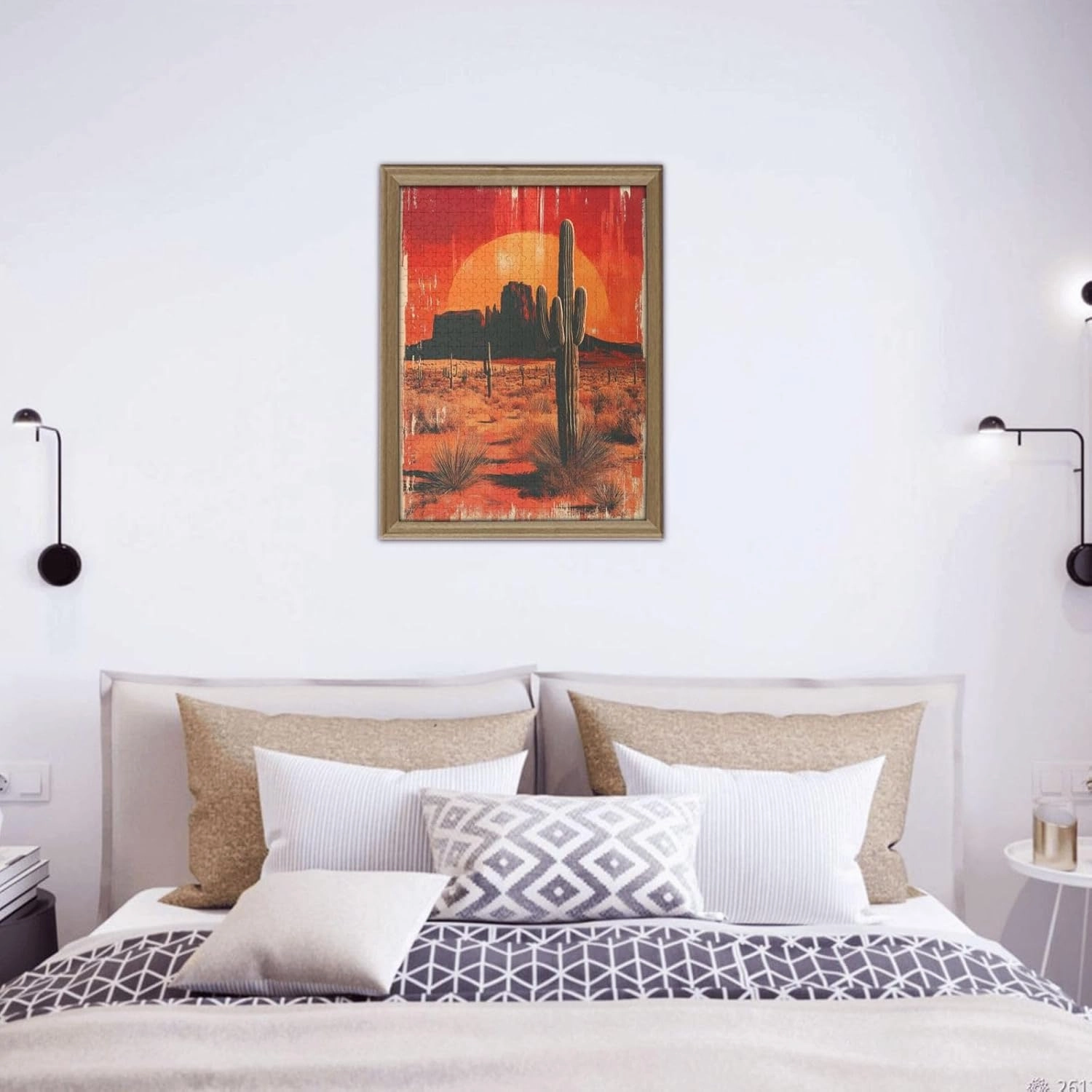 Vintage-Style Desert Landscape with Towering Saguaros,500 Pcs Wooden Jigsaw Puzzle for Adults,Stress Relief Activity,Retro Southwest Artwork,Brain Training Challenge,Eco-Friendly Piece