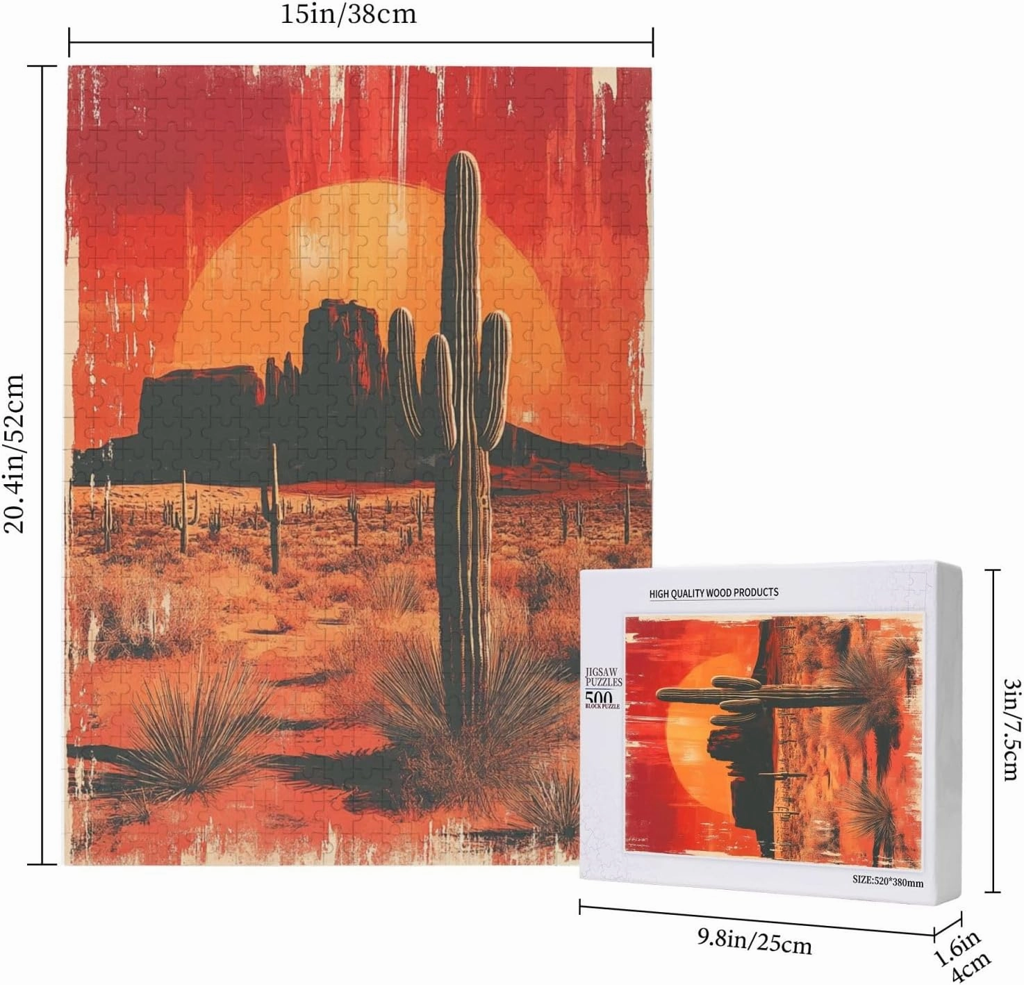 Vintage-Style Desert Landscape with Towering Saguaros,500 Pcs Wooden Jigsaw Puzzle for Adults,Stress Relief Activity,Retro Southwest Artwork,Brain Training Challenge,Eco-Friendly Piece